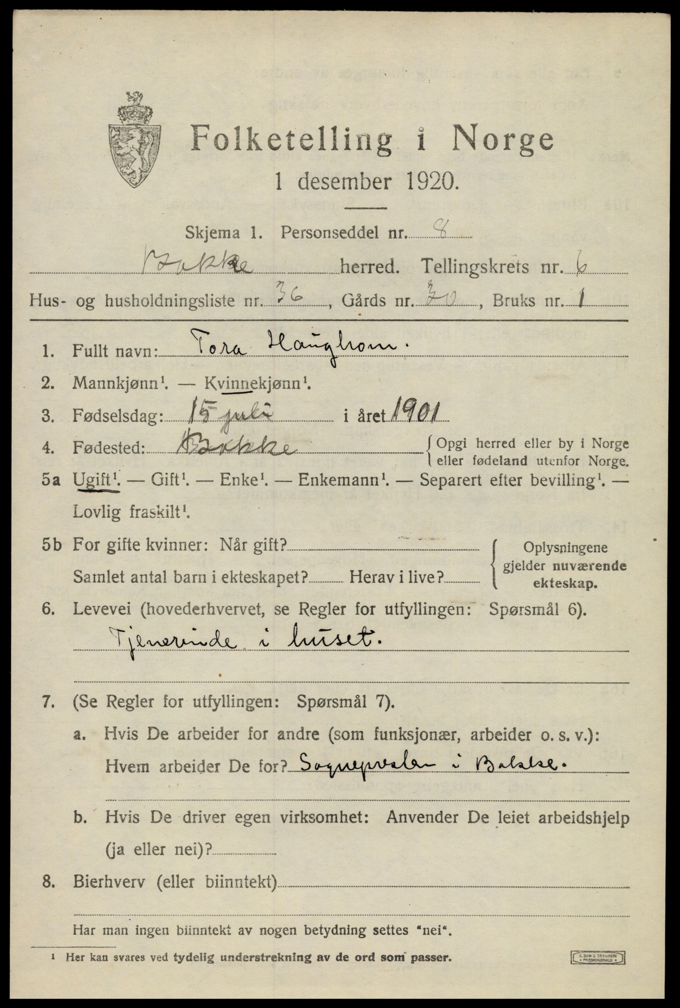 SAK, 1920 census for Bakke, 1920, p. 2218