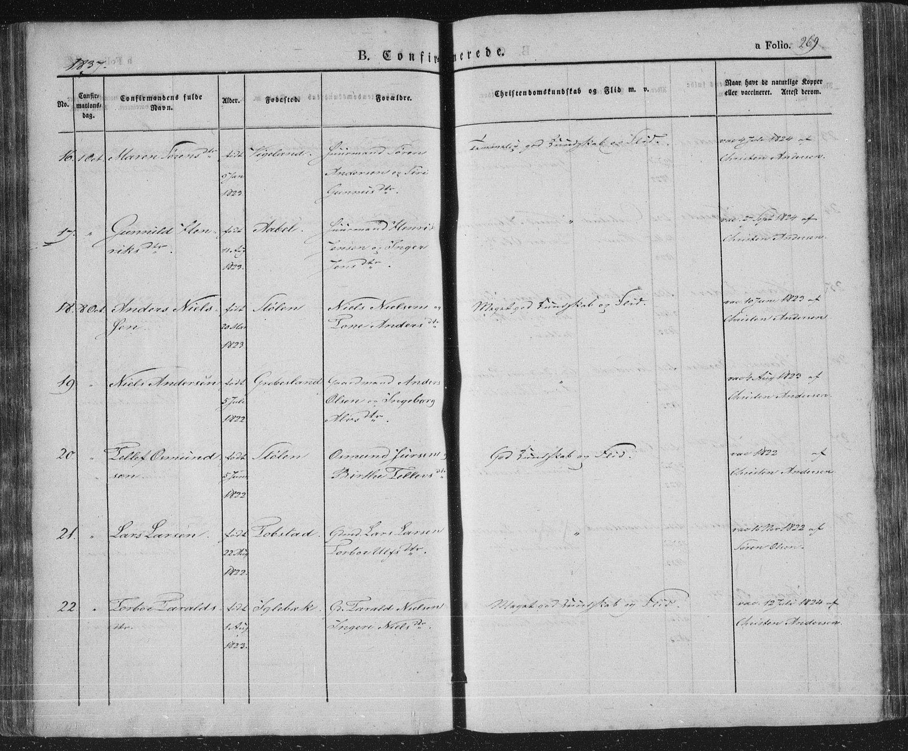 Vennesla sokneprestkontor, AV/SAK-1111-0045/Fa/Fac/L0004: Parish register (official) no. A 4, 1834-1855, p. 269