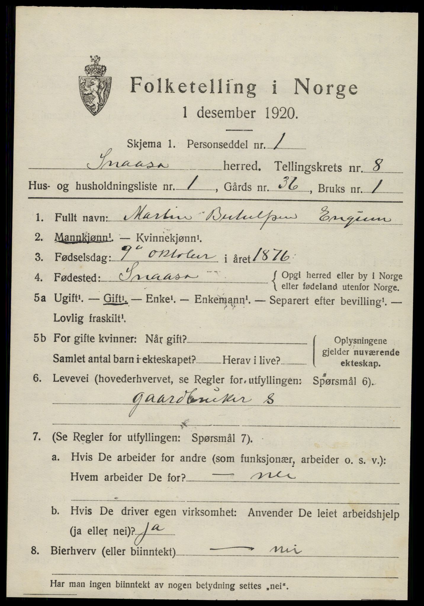 SAT, 1920 census for Snåsa, 1920, p. 3170