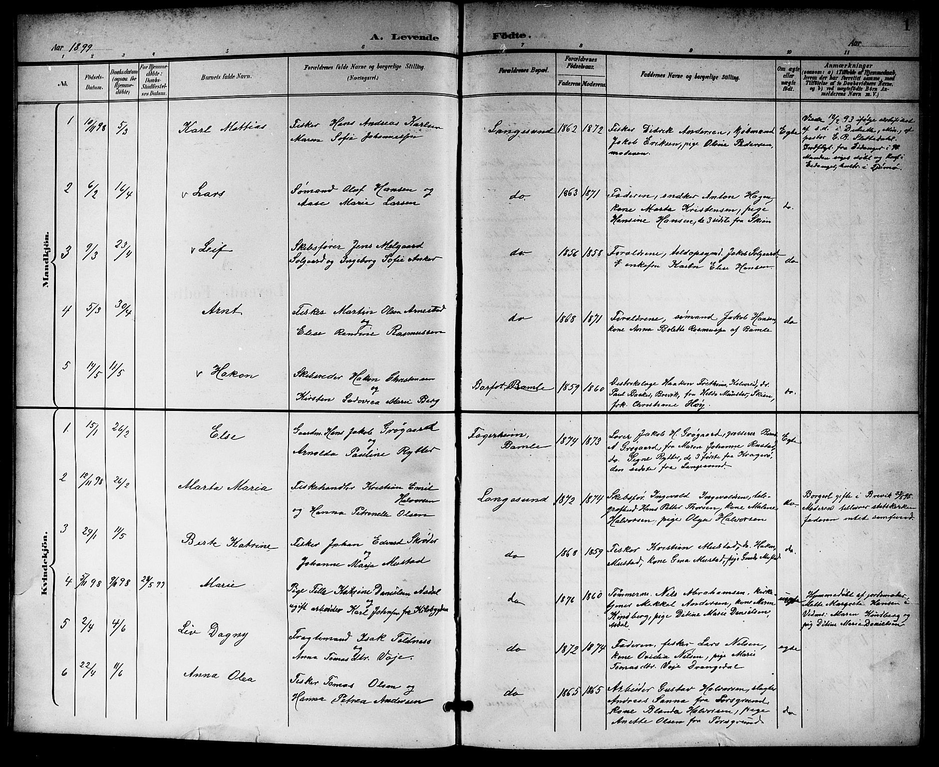 Langesund kirkebøker, SAKO/A-280/G/Ga/L0006: Parish register (copy) no. 6, 1899-1918, p. 1