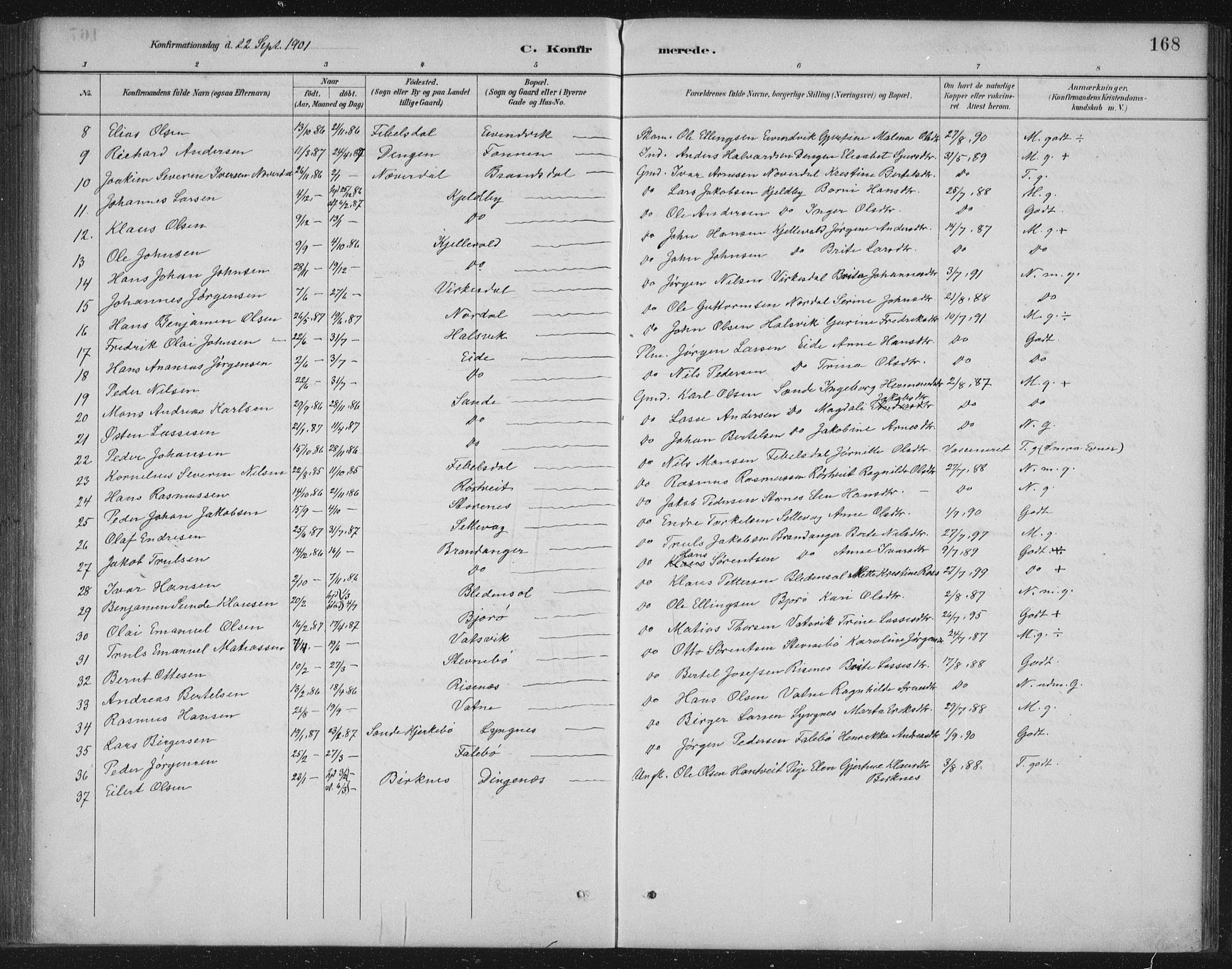 Gulen sokneprestembete, AV/SAB-A-80201/H/Hab/Habb/L0003: Parish register (copy) no. B 3, 1884-1907, p. 168