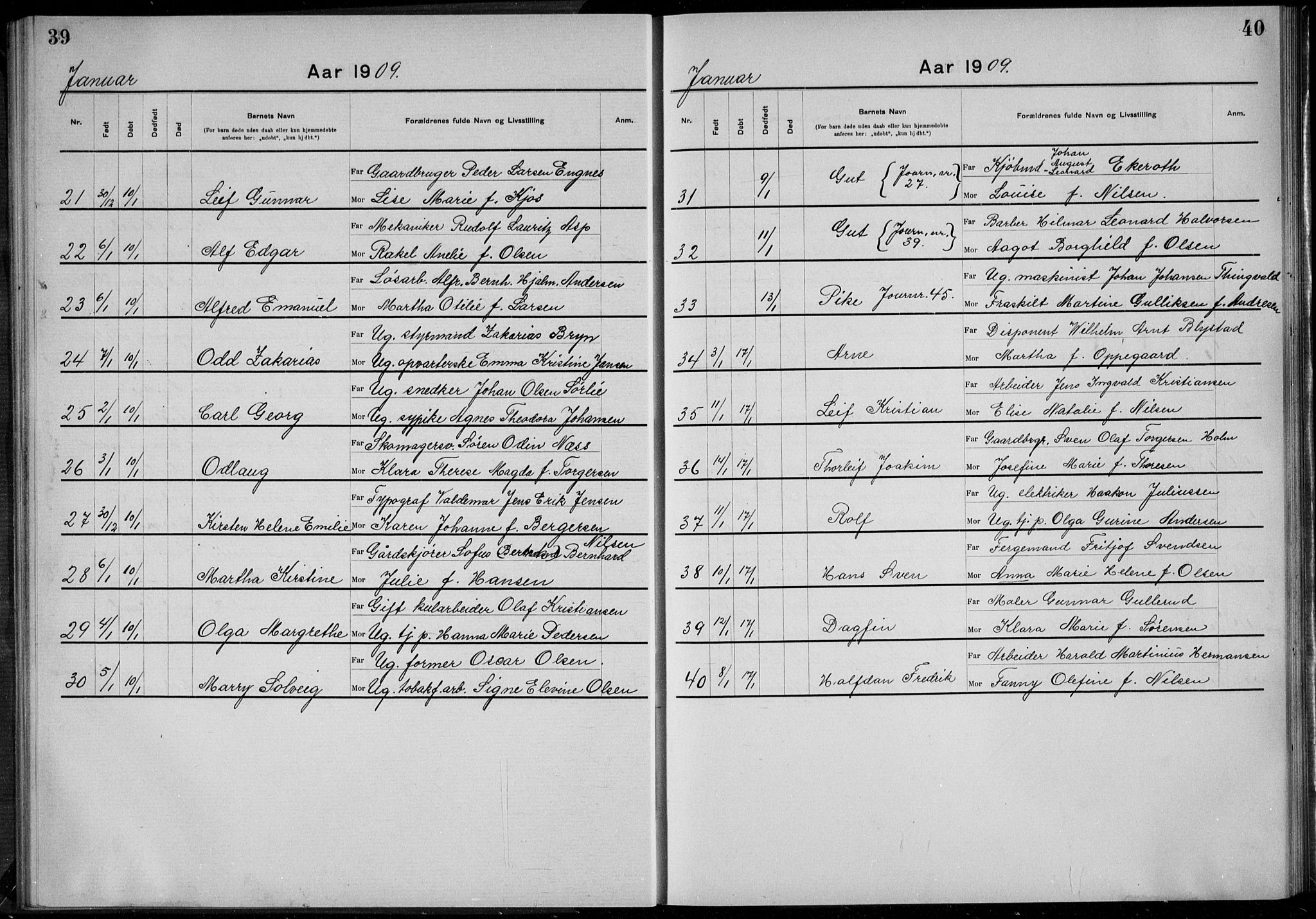 Rikshospitalet prestekontor Kirkebøker, AV/SAO-A-10309b/K/L0006/0003: Baptism register no. 6.3, 1908-1910, p. 39-40