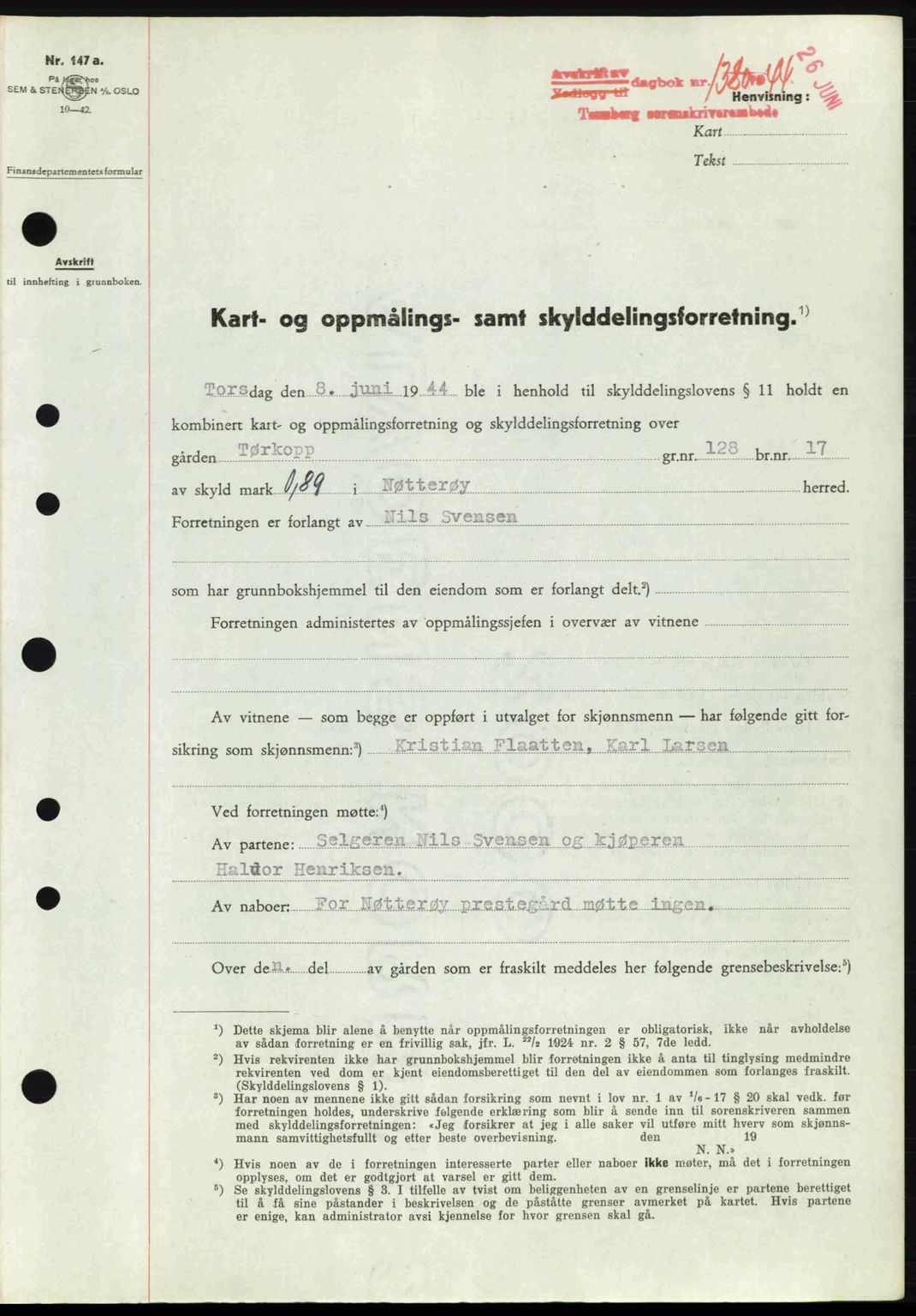 Tønsberg sorenskriveri, AV/SAKO-A-130/G/Ga/Gaa/L0015: Mortgage book no. A15, 1944-1944, Diary no: : 1380/1944