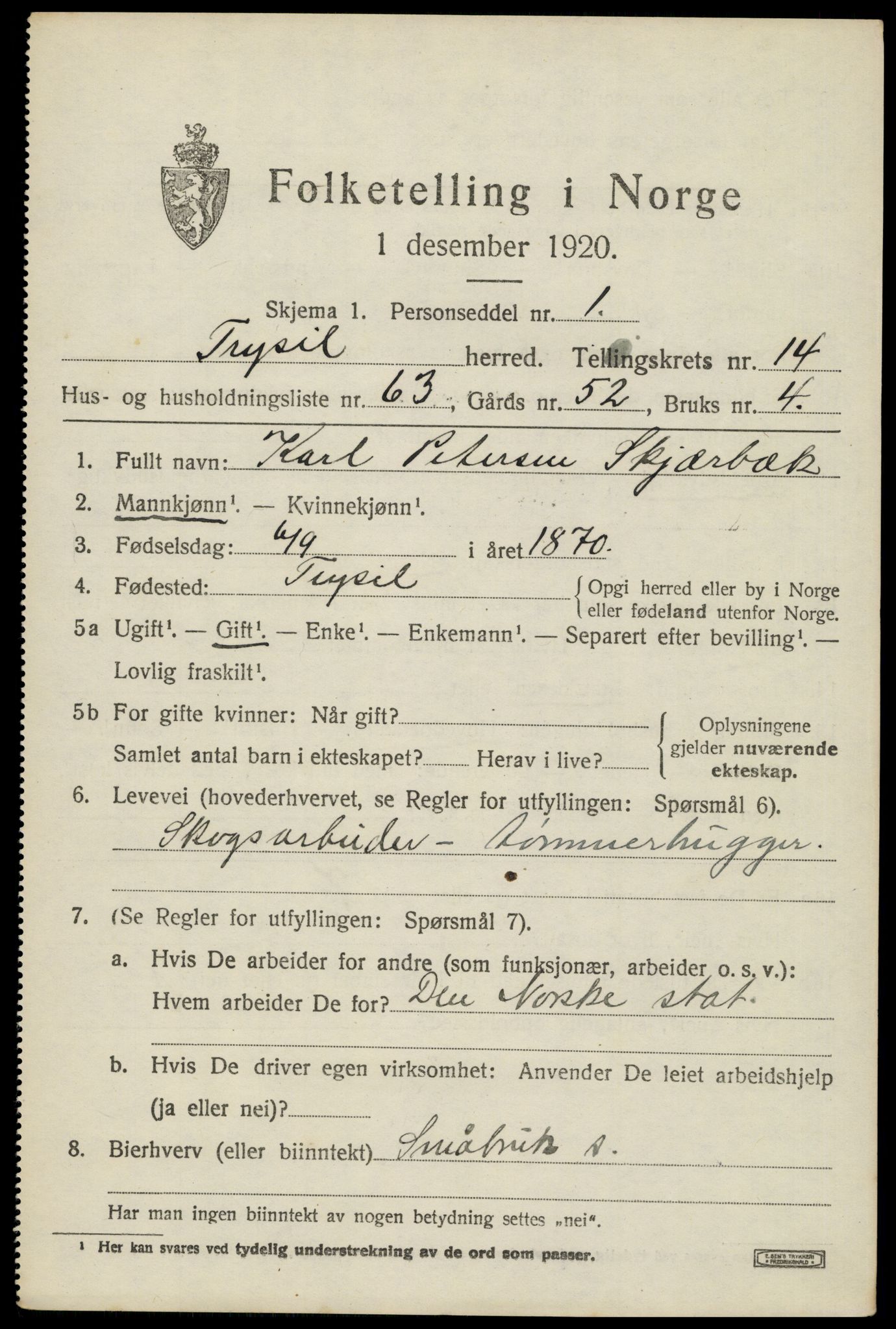 SAH, 1920 census for Trysil, 1920, p. 8689
