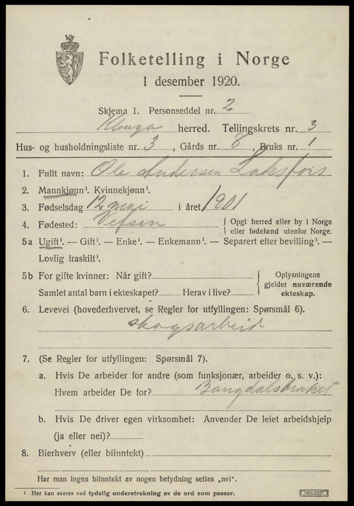 SAT, 1920 census for Klinga, 1920, p. 2087