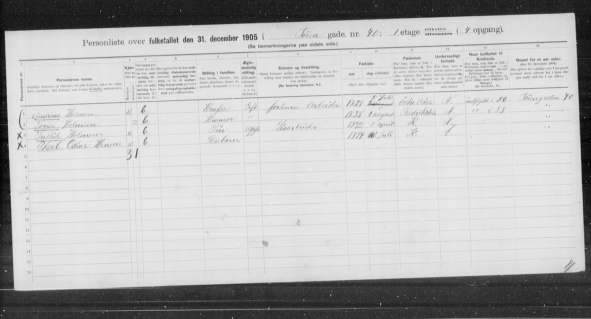 OBA, Municipal Census 1905 for Kristiania, 1905, p. 62269