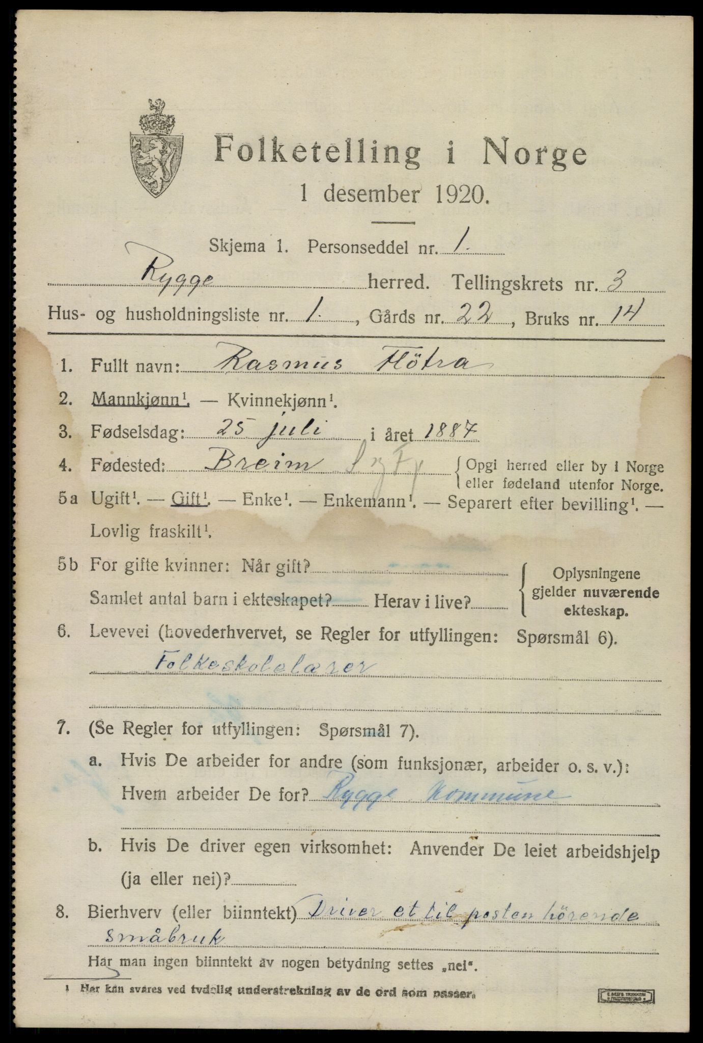 SAO, 1920 census for Rygge, 1920, p. 7795