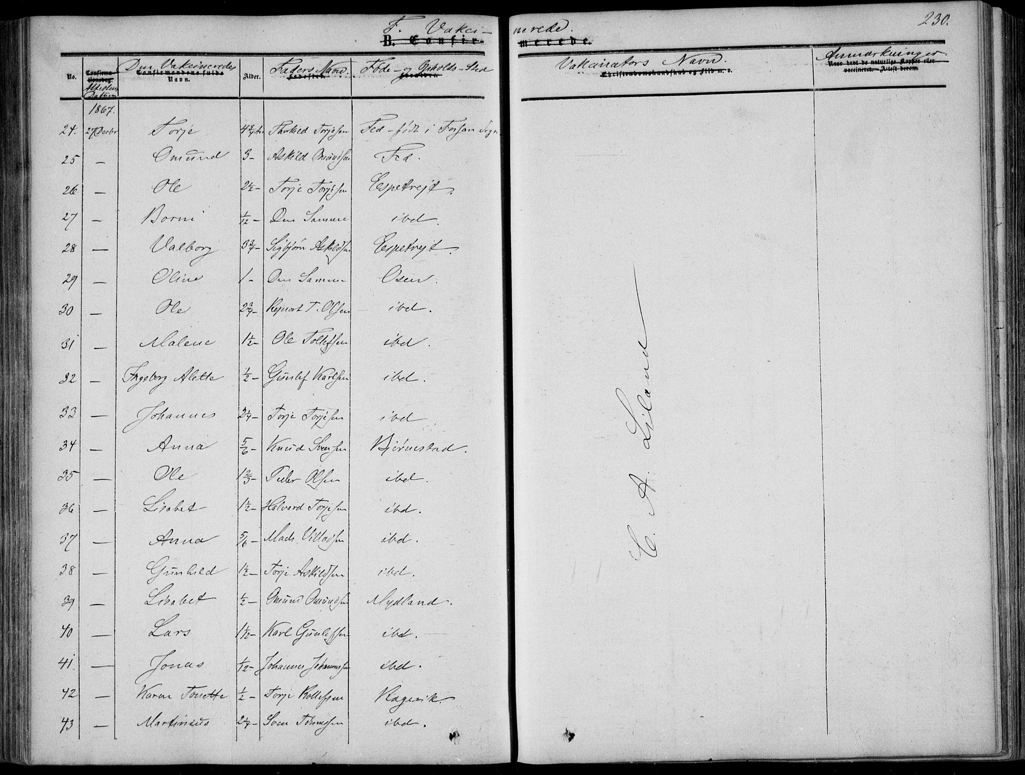 Sirdal sokneprestkontor, AV/SAK-1111-0036/F/Fa/Fab/L0002: Parish register (official) no. A 2, 1855-1874, p. 230