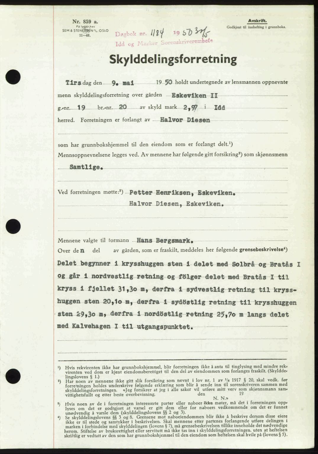 Idd og Marker sorenskriveri, AV/SAO-A-10283/G/Gb/Gbb/L0014: Mortgage book no. A14, 1950-1950, Diary no: : 1184/1950