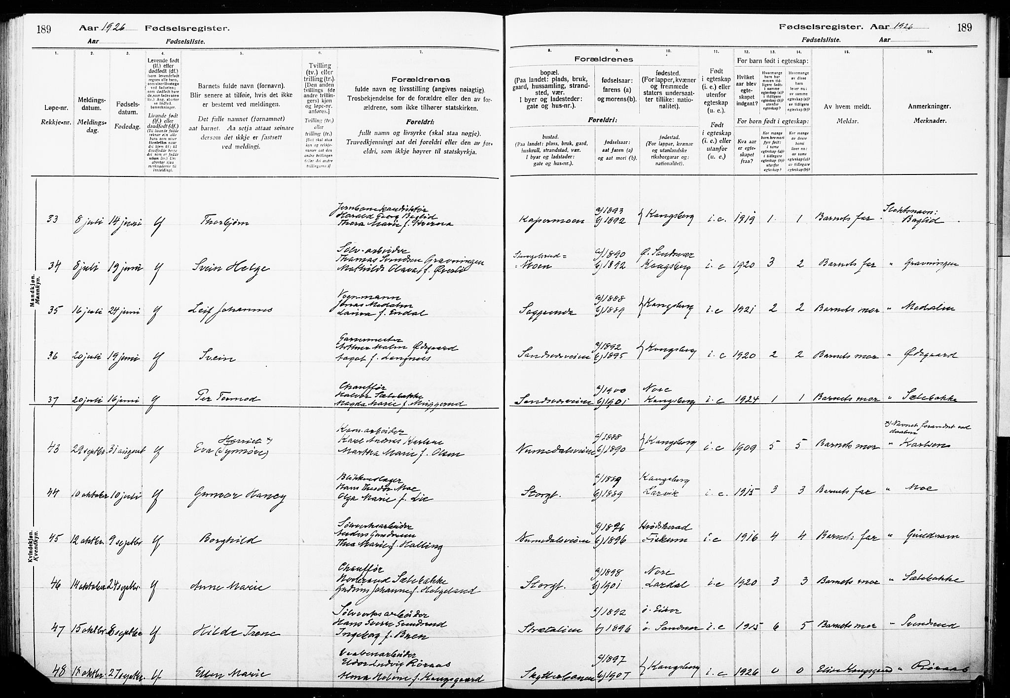 Kongsberg kirkebøker, AV/SAKO-A-22/J/Ja/L0001: Birth register no. I 1, 1916-1927, p. 189