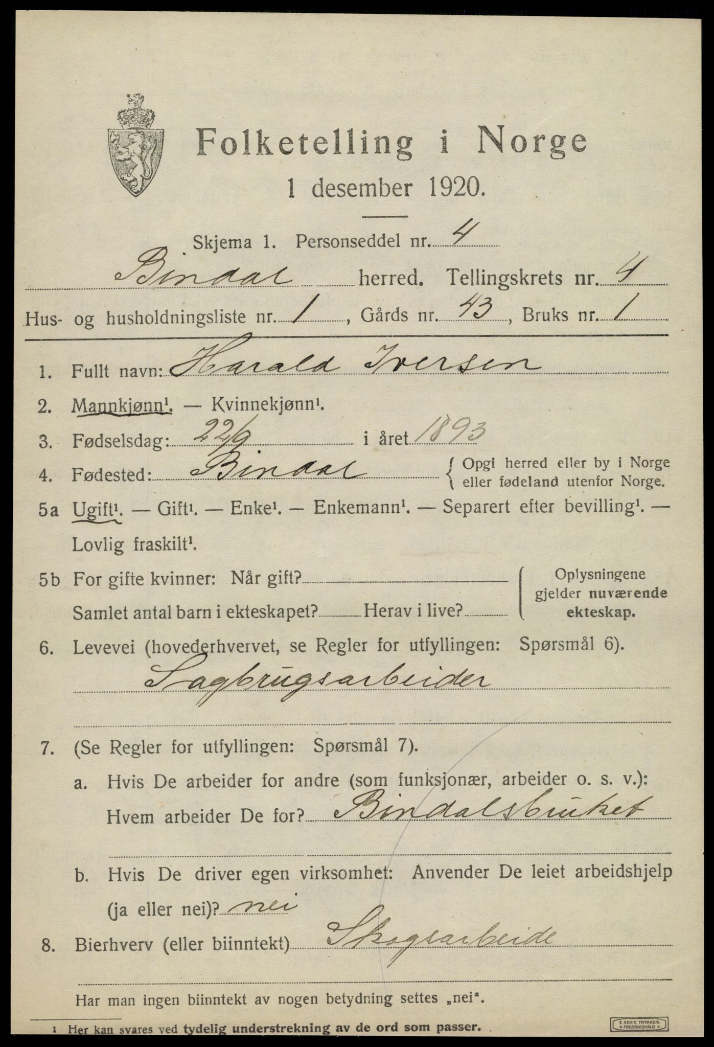 SAT, 1920 census for Bindal, 1920, p. 3317