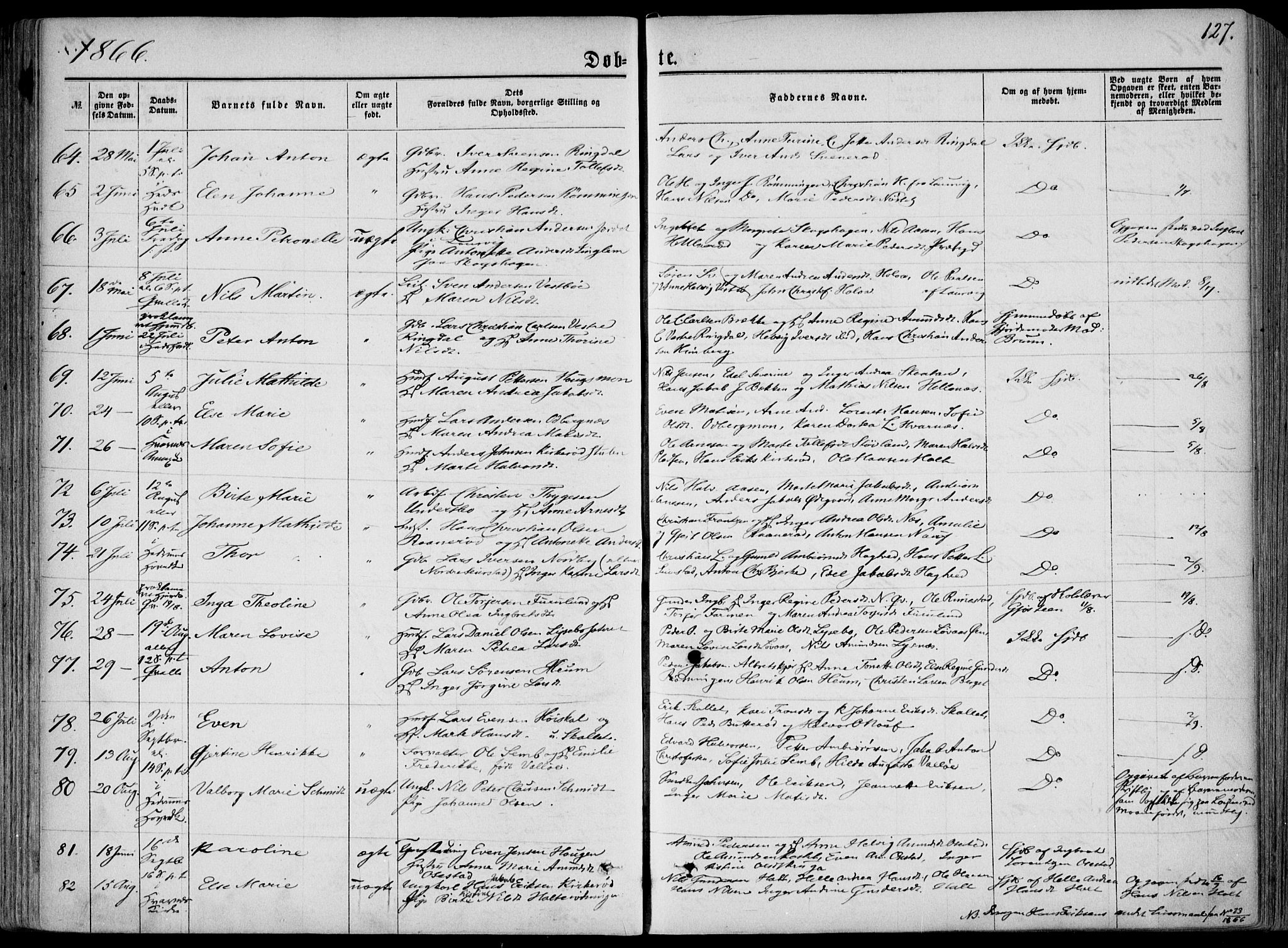 Hedrum kirkebøker, AV/SAKO-A-344/F/Fa/L0007: Parish register (official) no. I 7, 1857-1868, p. 127