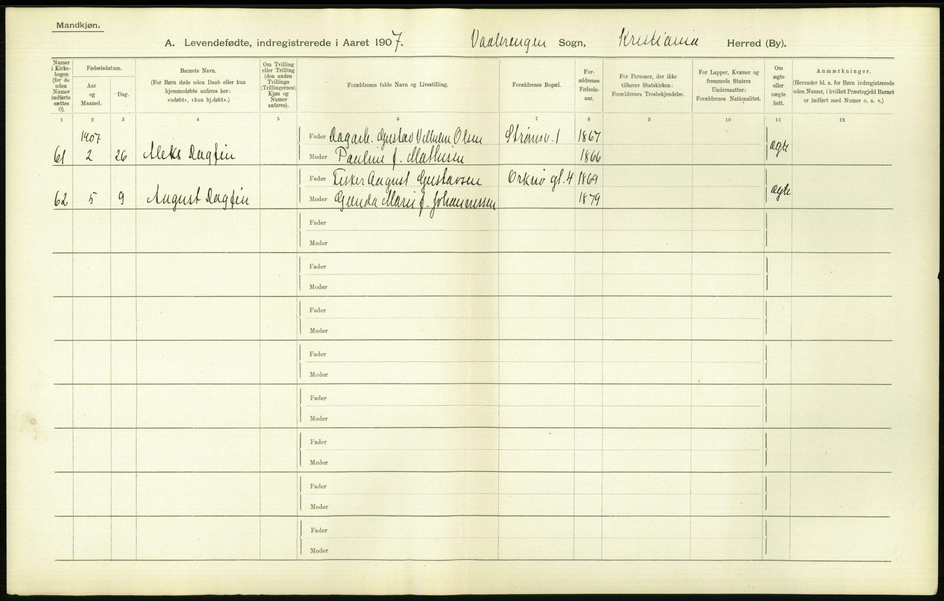 Statistisk sentralbyrå, Sosiodemografiske emner, Befolkning, AV/RA-S-2228/D/Df/Dfa/Dfae/L0007: Kristiania: Levendefødte menn og kvinner., 1907, p. 604