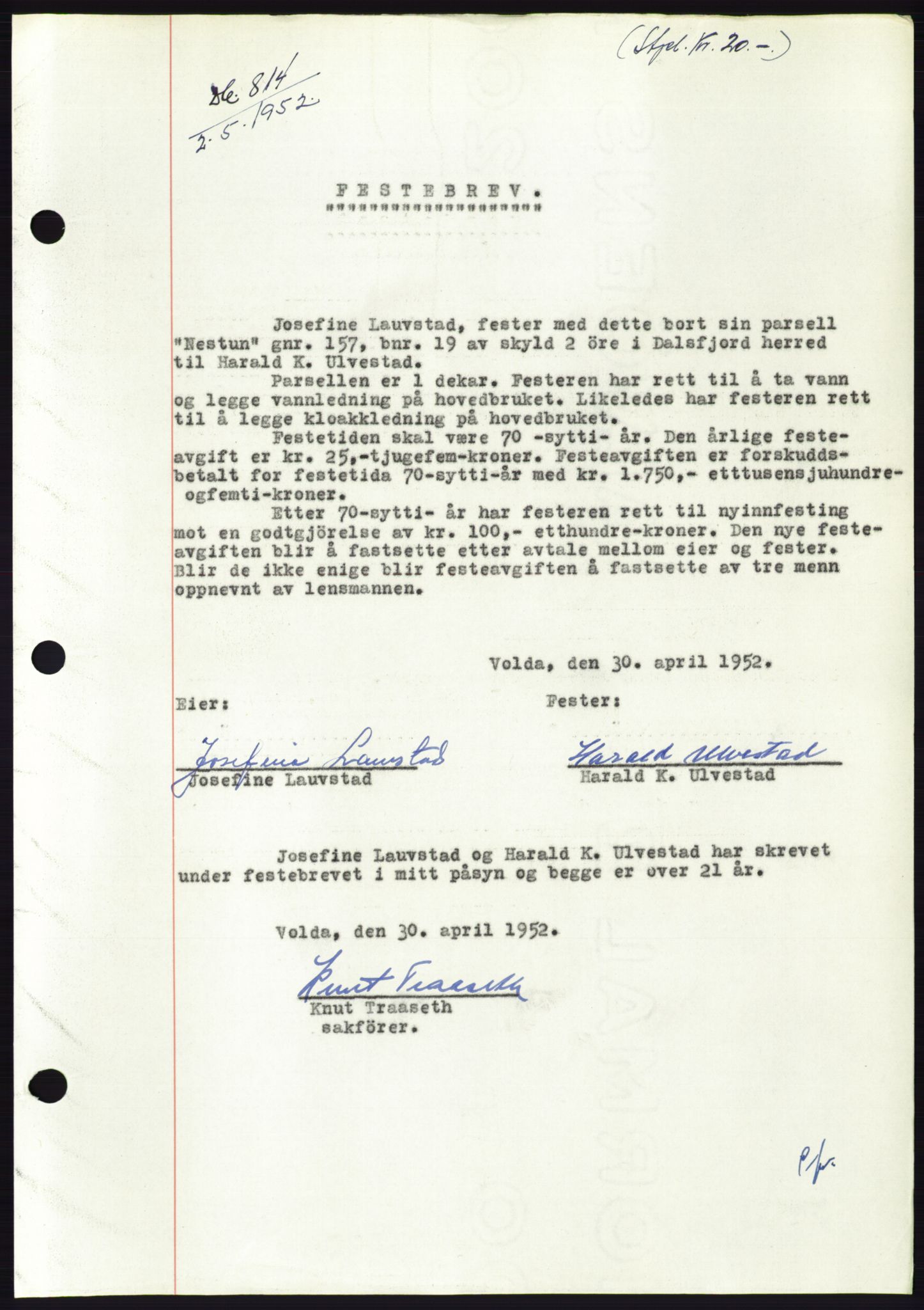 Søre Sunnmøre sorenskriveri, AV/SAT-A-4122/1/2/2C/L0092: Mortgage book no. 18A, 1952-1952, Diary no: : 814/1952