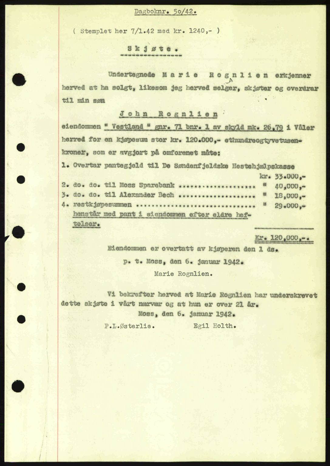 Moss sorenskriveri, SAO/A-10168: Mortgage book no. A9, 1941-1942, Diary no: : 50/1942