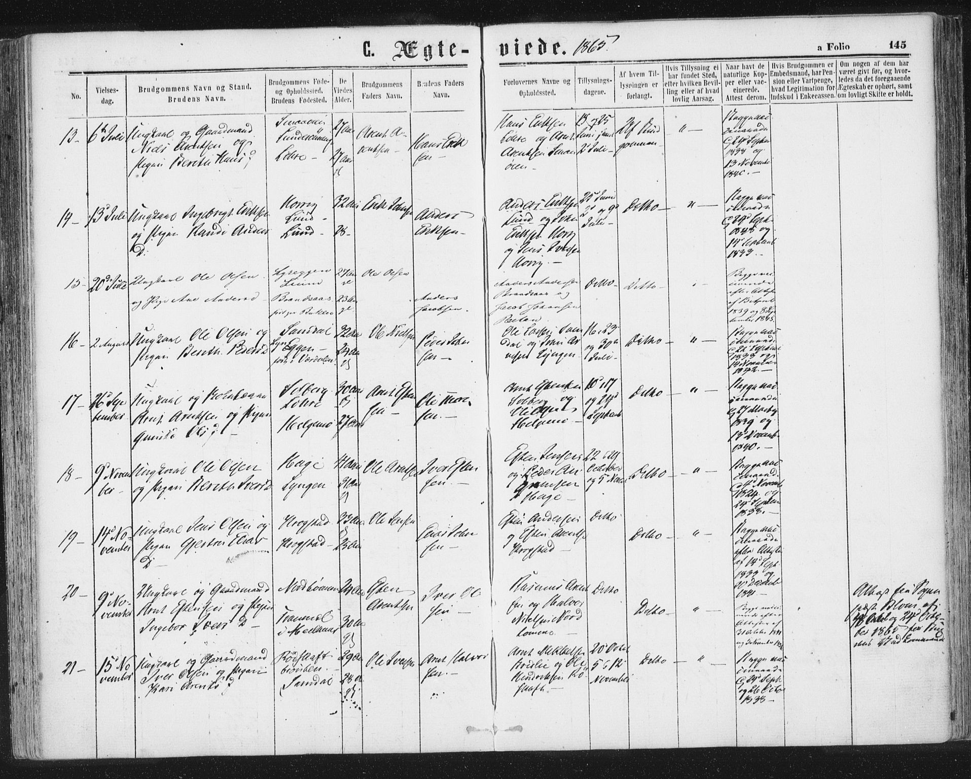 Ministerialprotokoller, klokkerbøker og fødselsregistre - Sør-Trøndelag, SAT/A-1456/692/L1104: Parish register (official) no. 692A04, 1862-1878, p. 145