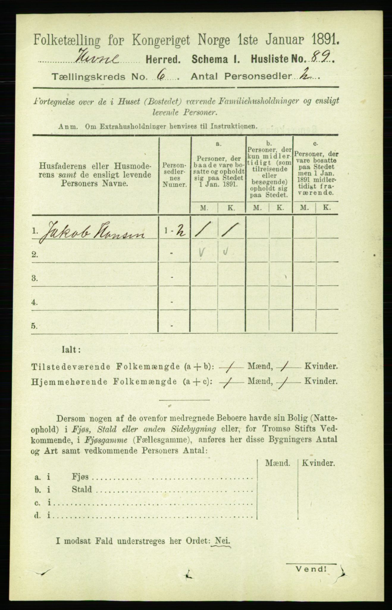 RA, 1891 census for 1612 Hemne, 1891, p. 3403