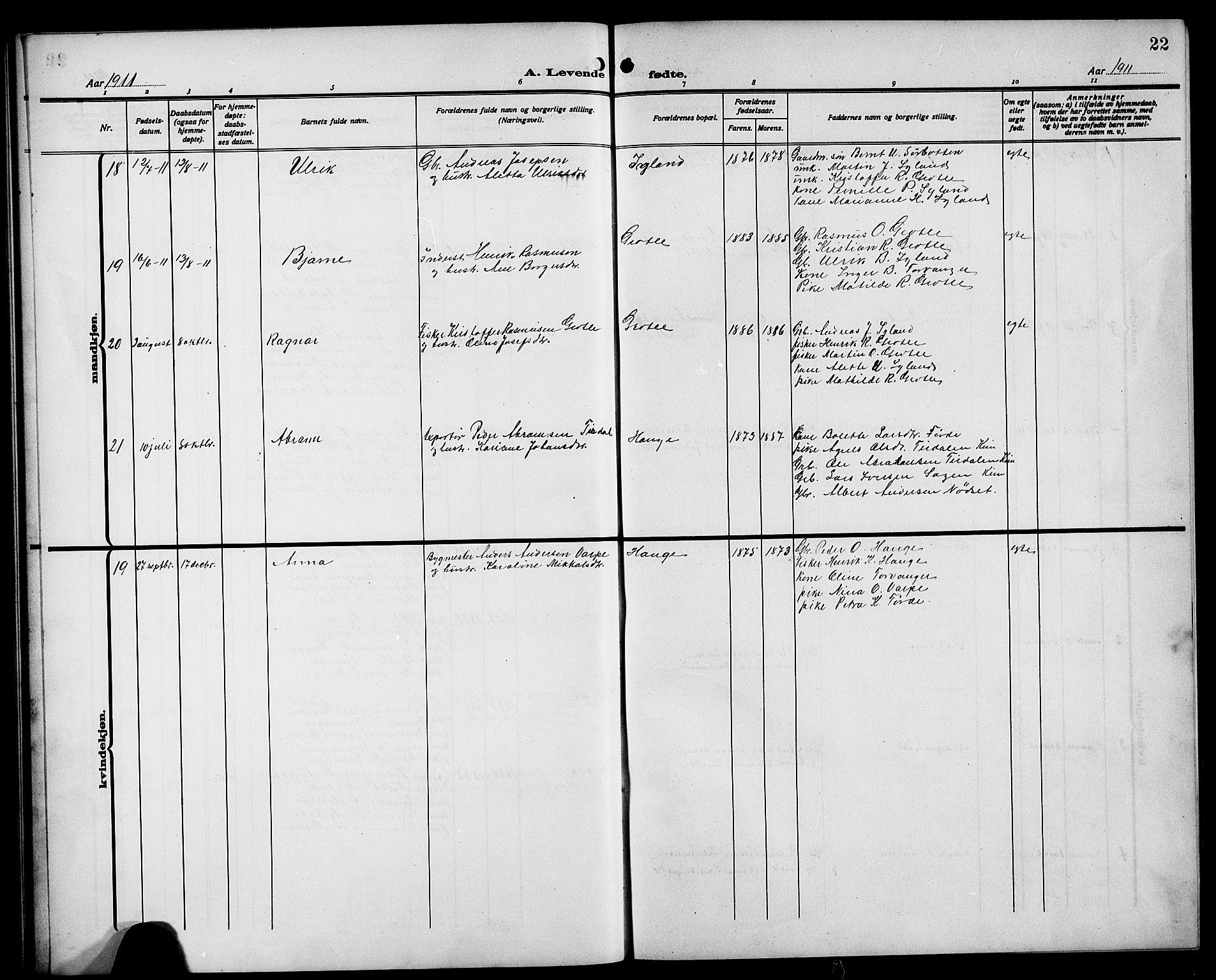 Bremanger sokneprestembete, AV/SAB-A-82201/H/Hab/Habc/L0001: Parish register (copy) no. C 1, 1908-1919, p. 22