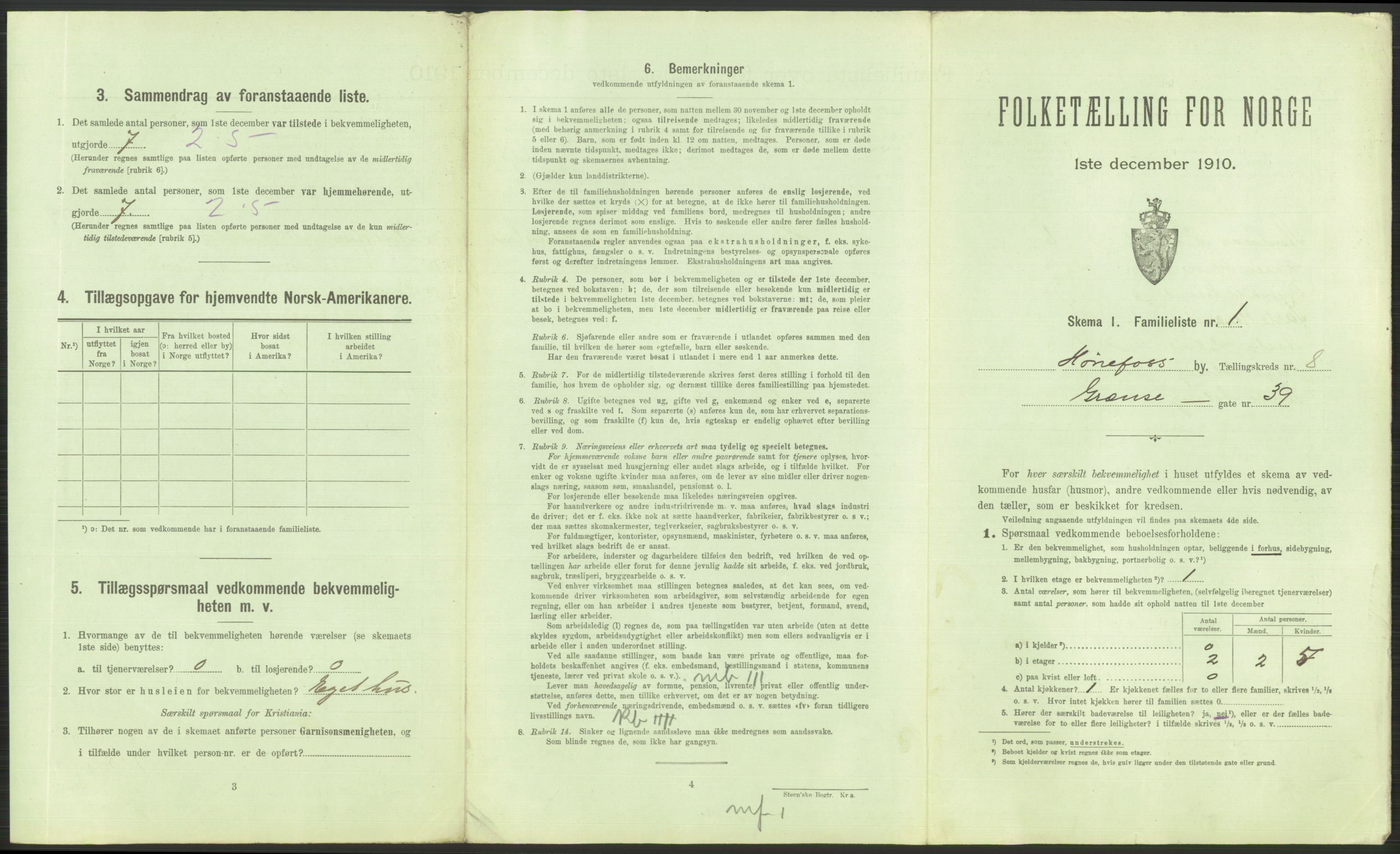 RA, 1910 census for Hønefoss, 1910