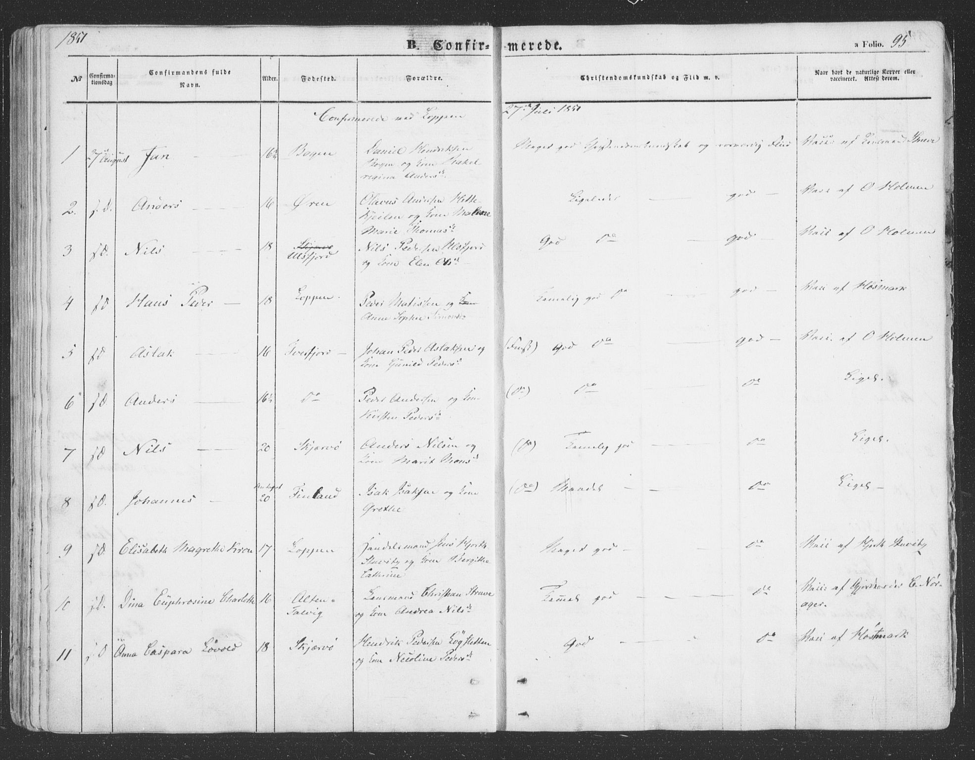 Loppa sokneprestkontor, AV/SATØ-S-1339/H/Ha/L0004kirke: Parish register (official) no. 4, 1849-1868, p. 95