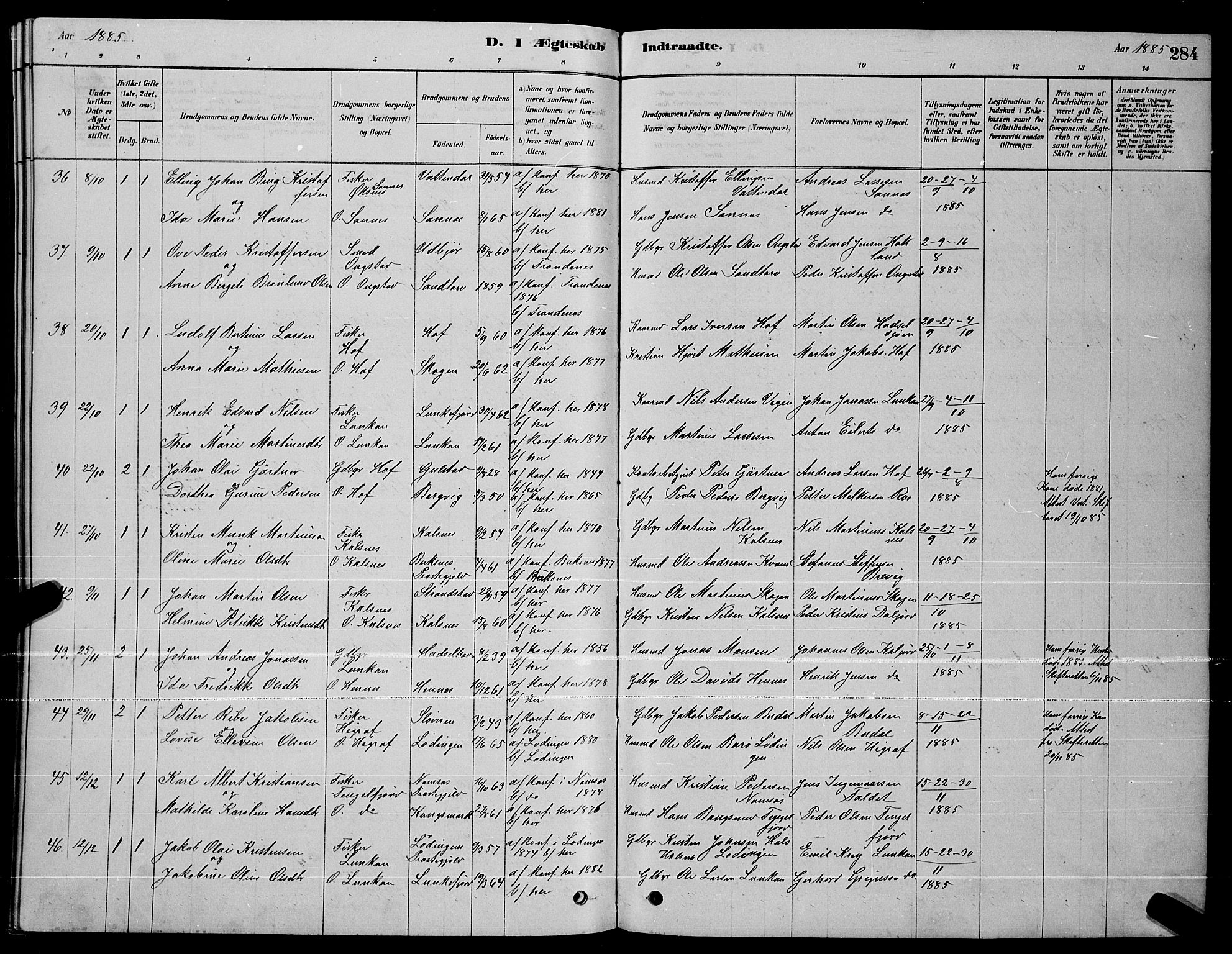 Ministerialprotokoller, klokkerbøker og fødselsregistre - Nordland, AV/SAT-A-1459/888/L1267: Parish register (copy) no. 888C05, 1878-1890, p. 284