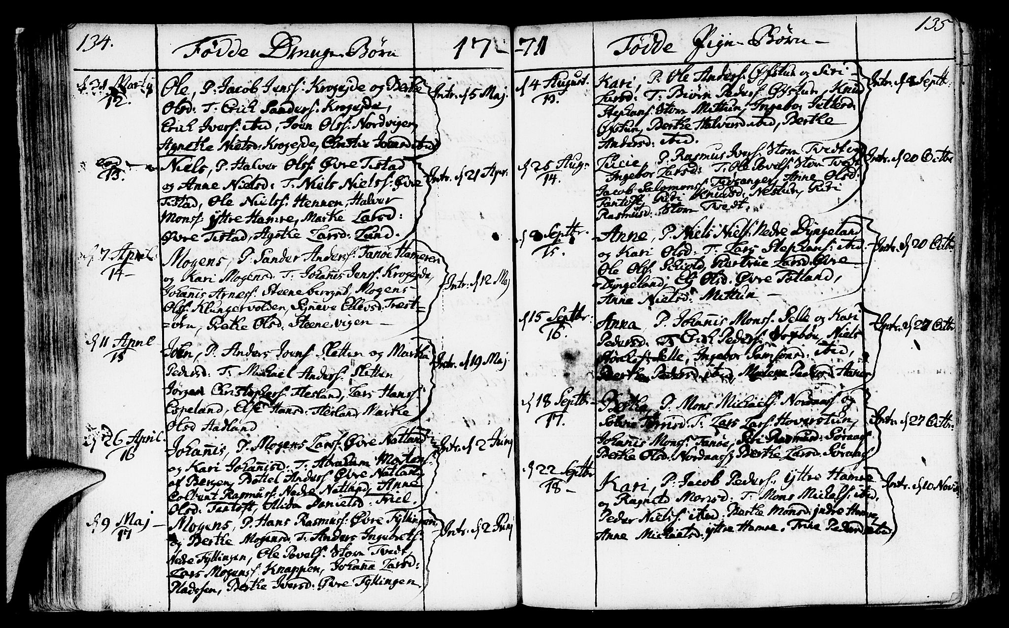 Fana Sokneprestembete, SAB/A-75101/H/Haa/Haaa/L0004: Parish register (official) no. A 4, 1757-1774, p. 134-135