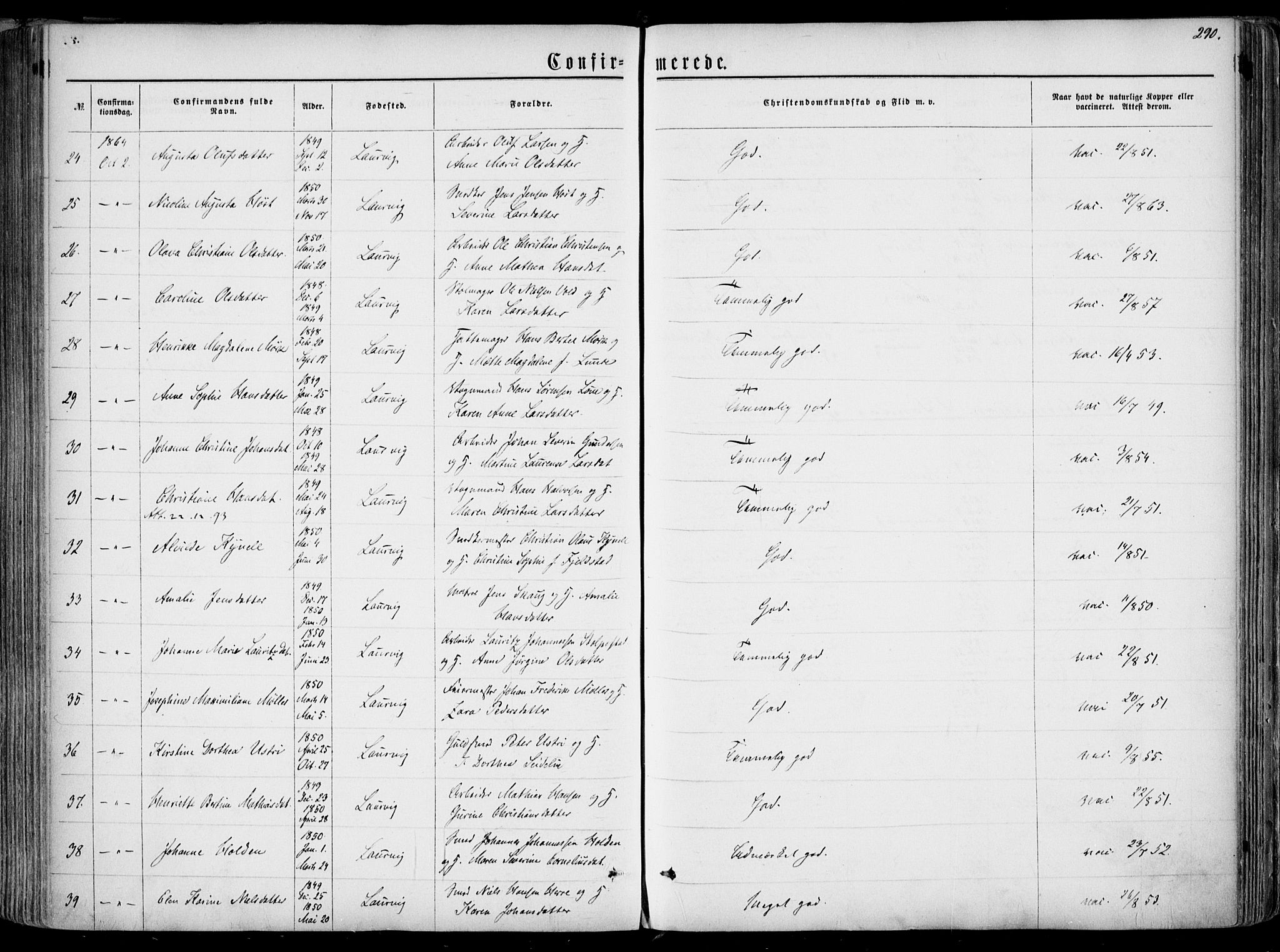 Larvik kirkebøker, AV/SAKO-A-352/F/Fa/L0004: Parish register (official) no. I 4, 1856-1870, p. 290