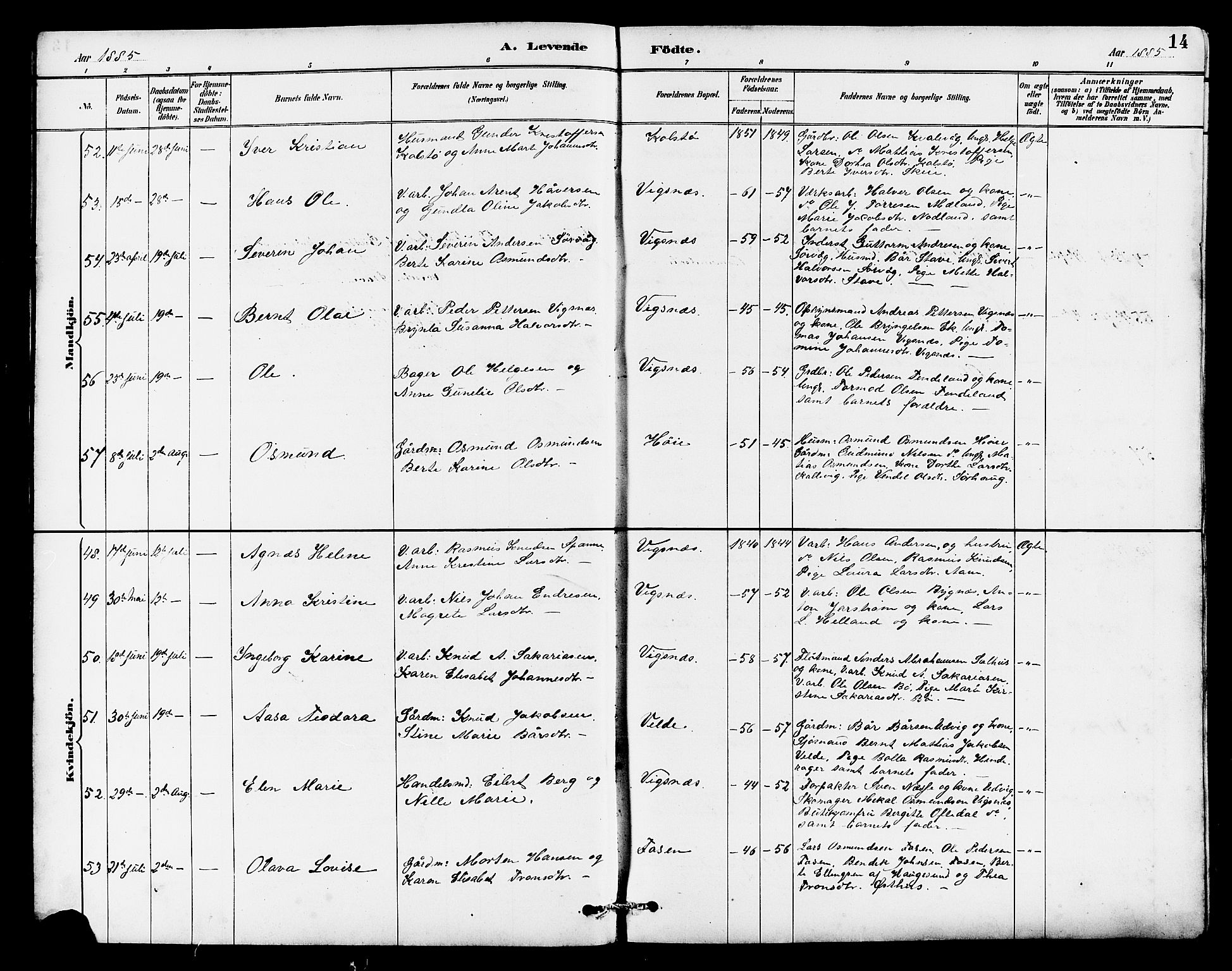 Avaldsnes sokneprestkontor, SAST/A -101851/H/Ha/Hab/L0007: Parish register (copy) no. B 7, 1885-1909, p. 14