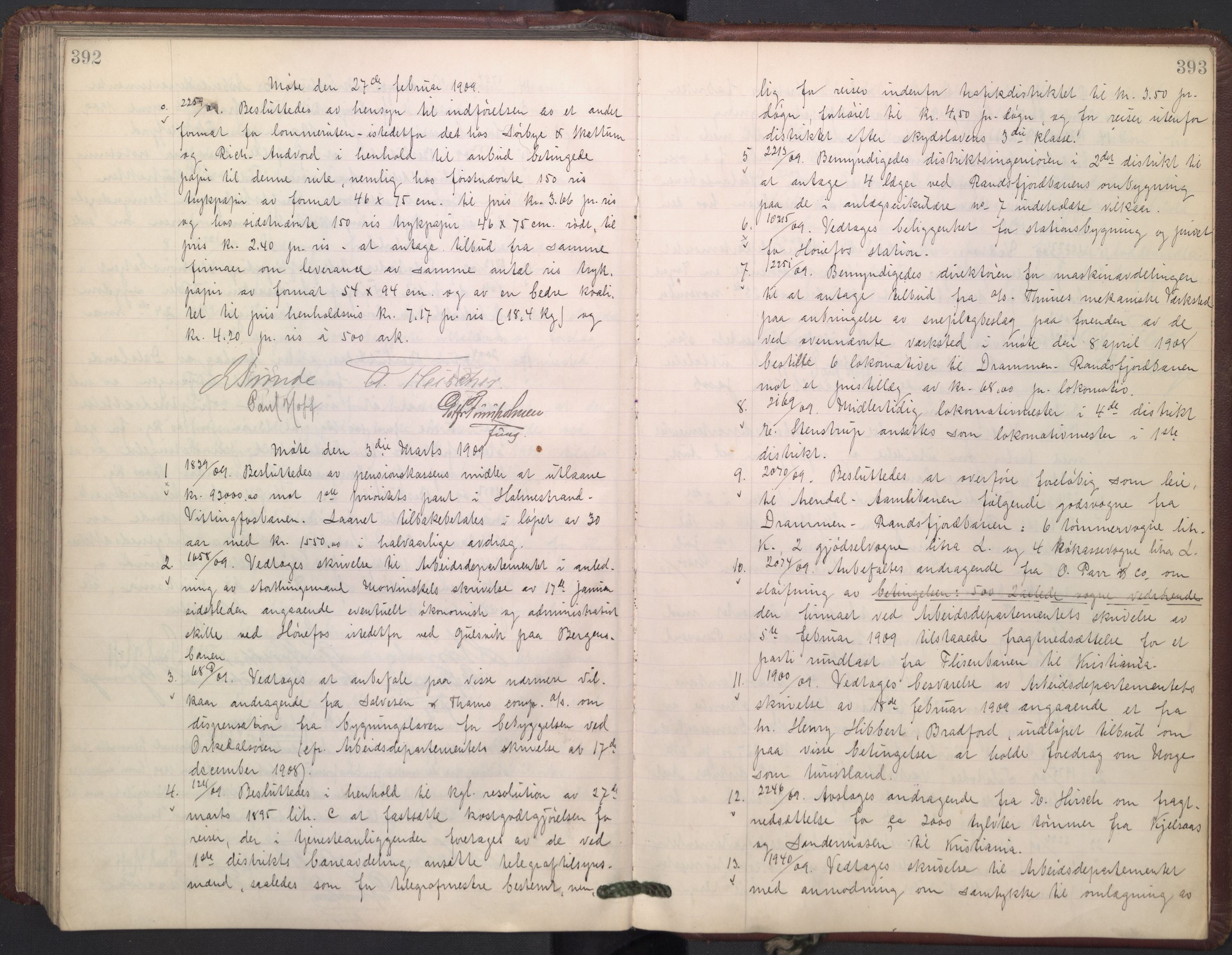 Norges statsbaner, Administrasjons- økonomi- og personalavdelingen, AV/RA-S-3412/A/Aa/L0009: Forhandlingsprotokoll, 1907-1909, p. 392-393