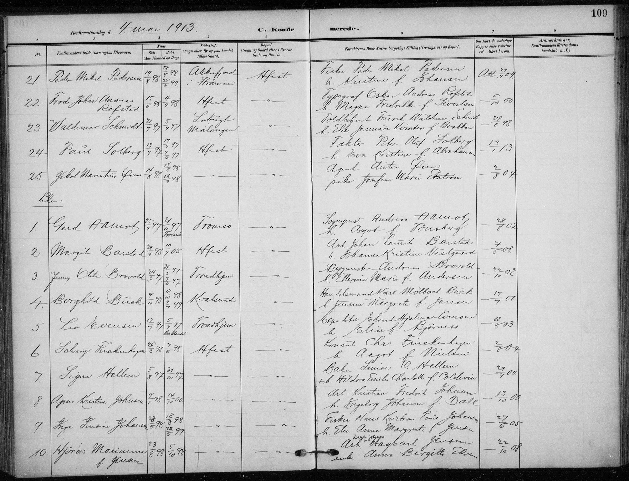 Hammerfest sokneprestkontor, SATØ/S-1347/H/Ha/L0014.kirke: Parish register (official) no. 14, 1906-1916, p. 109