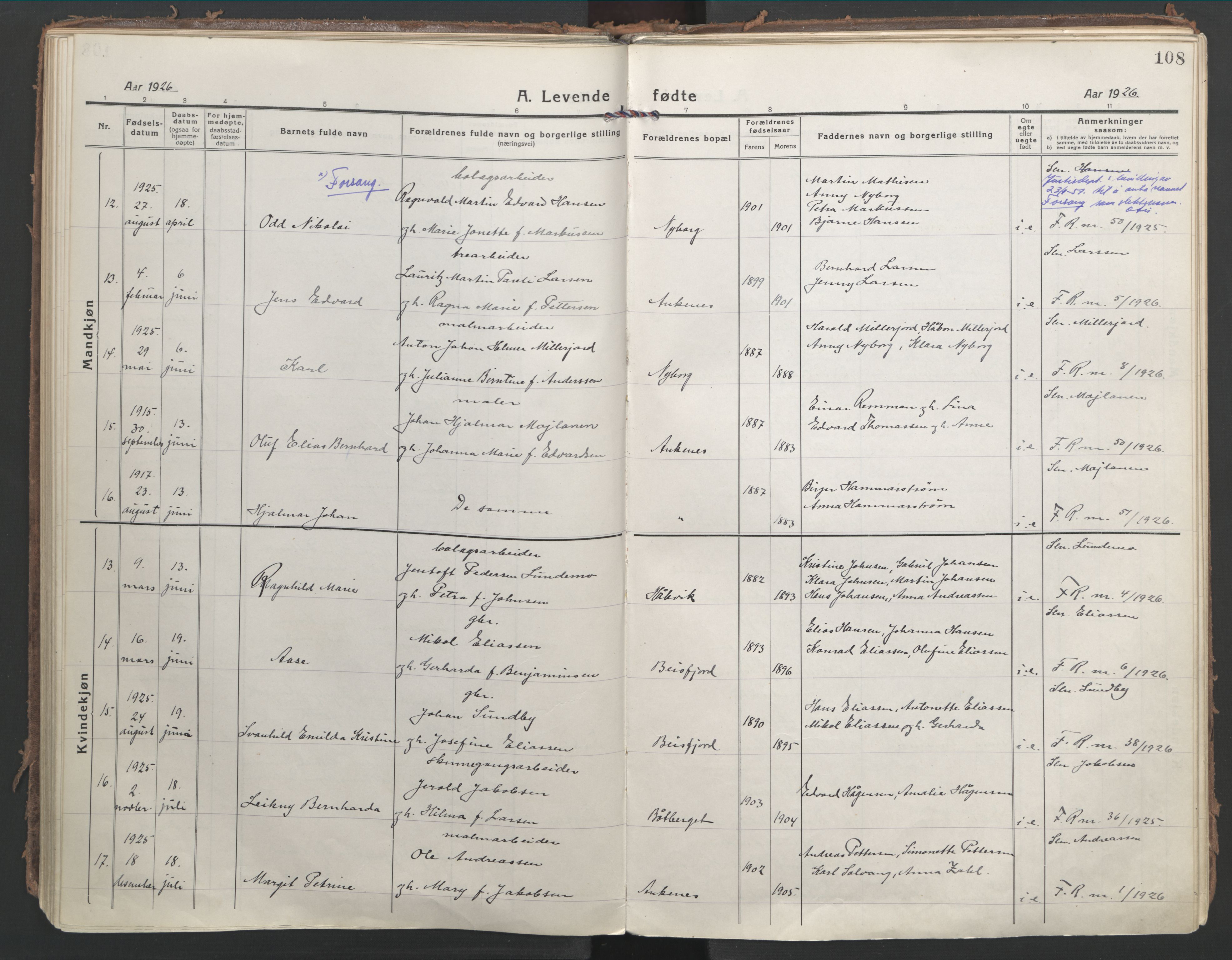 Ministerialprotokoller, klokkerbøker og fødselsregistre - Nordland, AV/SAT-A-1459/866/L0945: Parish register (official) no. 866A08, 1917-1935, p. 108