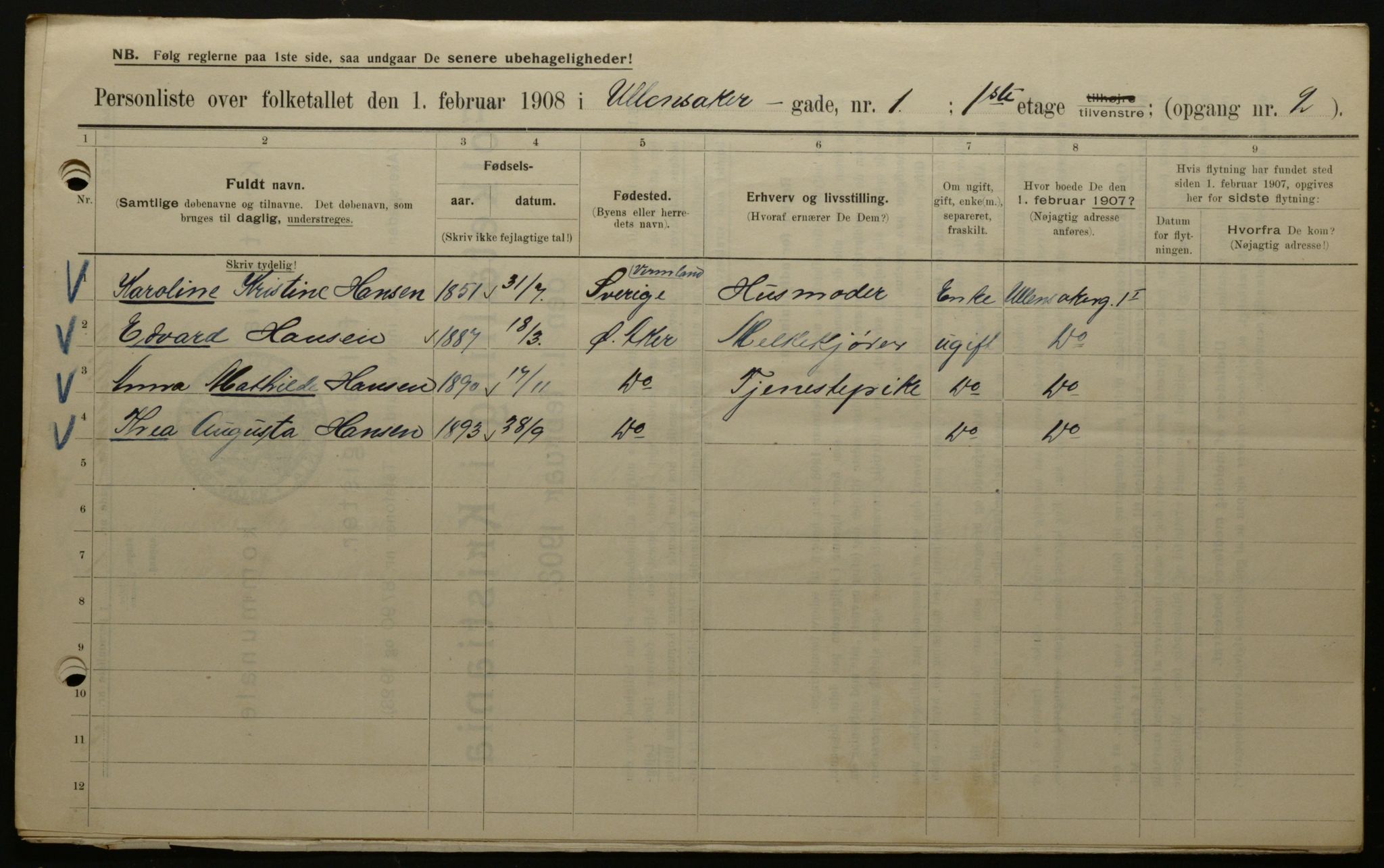 OBA, Municipal Census 1908 for Kristiania, 1908, p. 106604