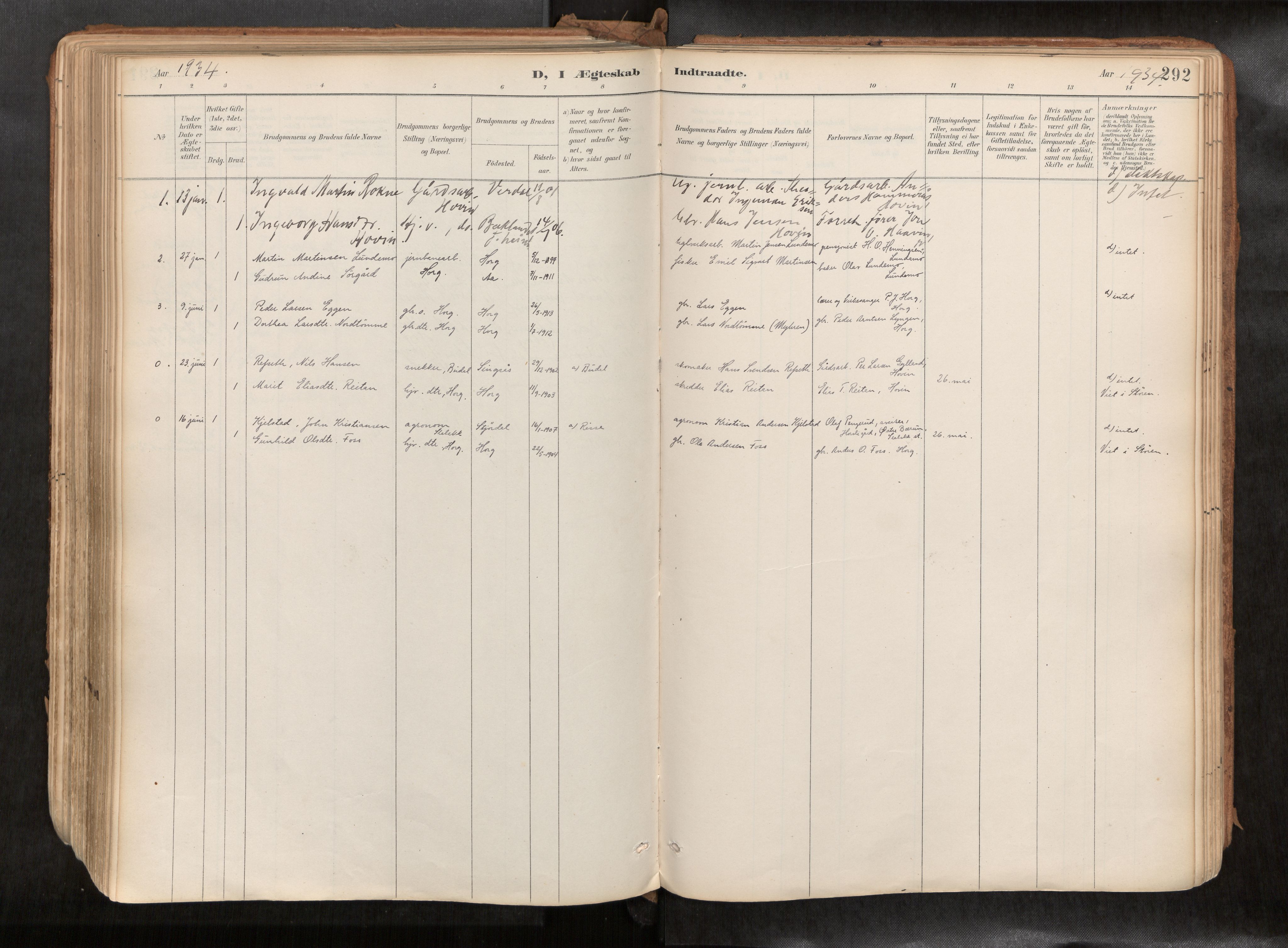 Ministerialprotokoller, klokkerbøker og fødselsregistre - Sør-Trøndelag, SAT/A-1456/692/L1105b: Parish register (official) no. 692A06, 1891-1934, p. 292