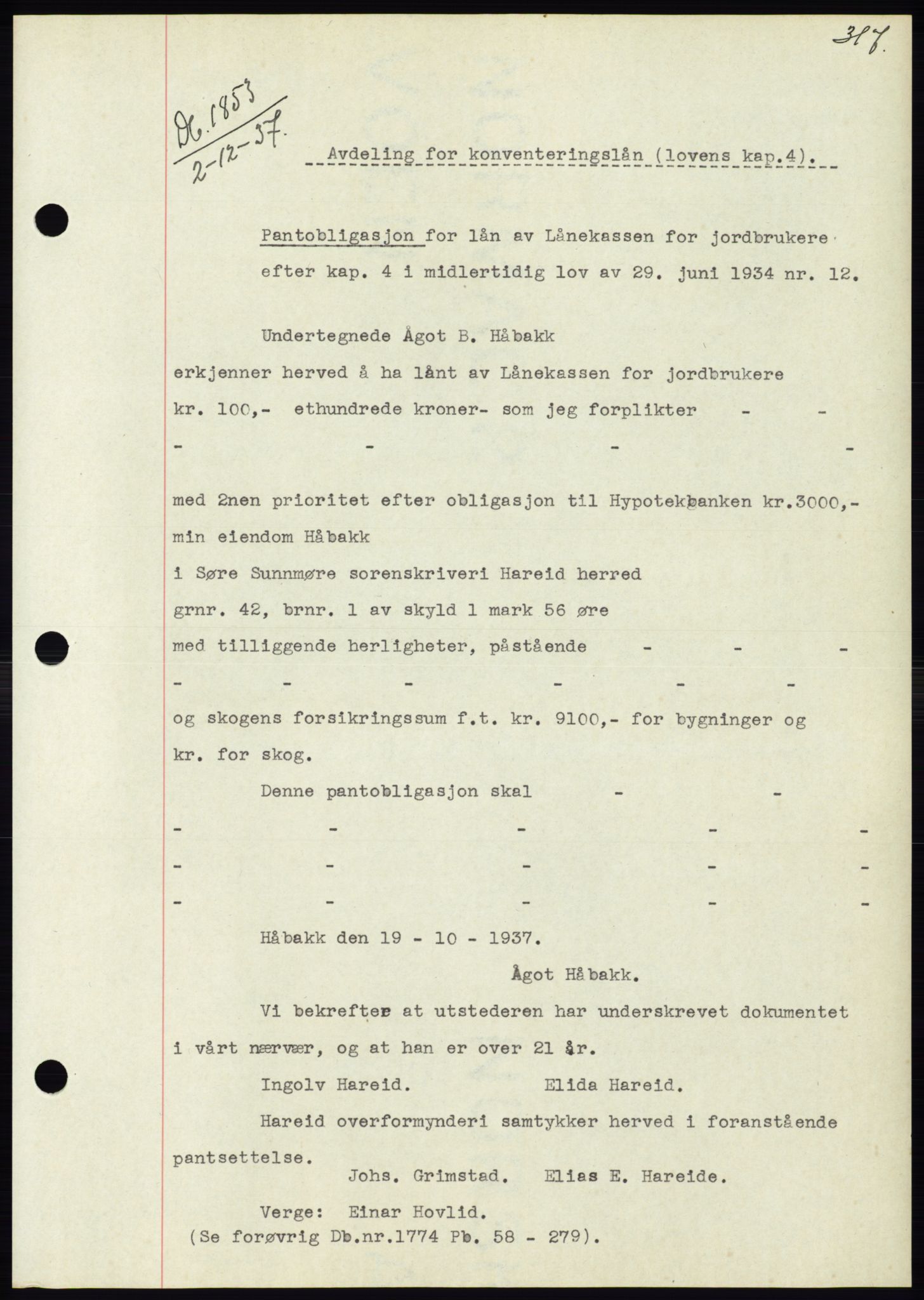 Søre Sunnmøre sorenskriveri, AV/SAT-A-4122/1/2/2C/L0064: Mortgage book no. 58, 1937-1938, Diary no: : 1853/1937