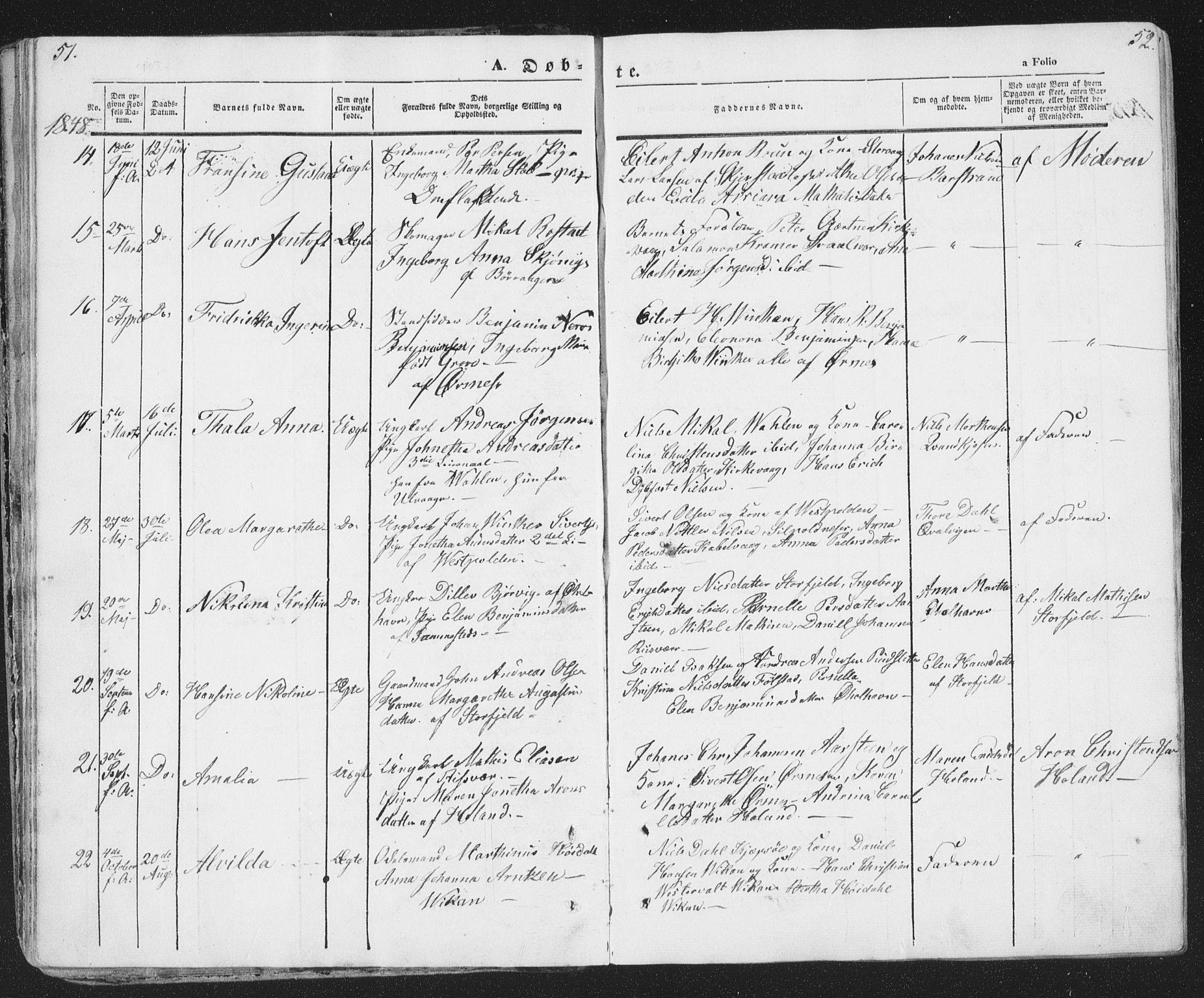Ministerialprotokoller, klokkerbøker og fødselsregistre - Nordland, SAT/A-1459/874/L1072: Parish register (copy) no. 874C01, 1843-1859, p. 51-52