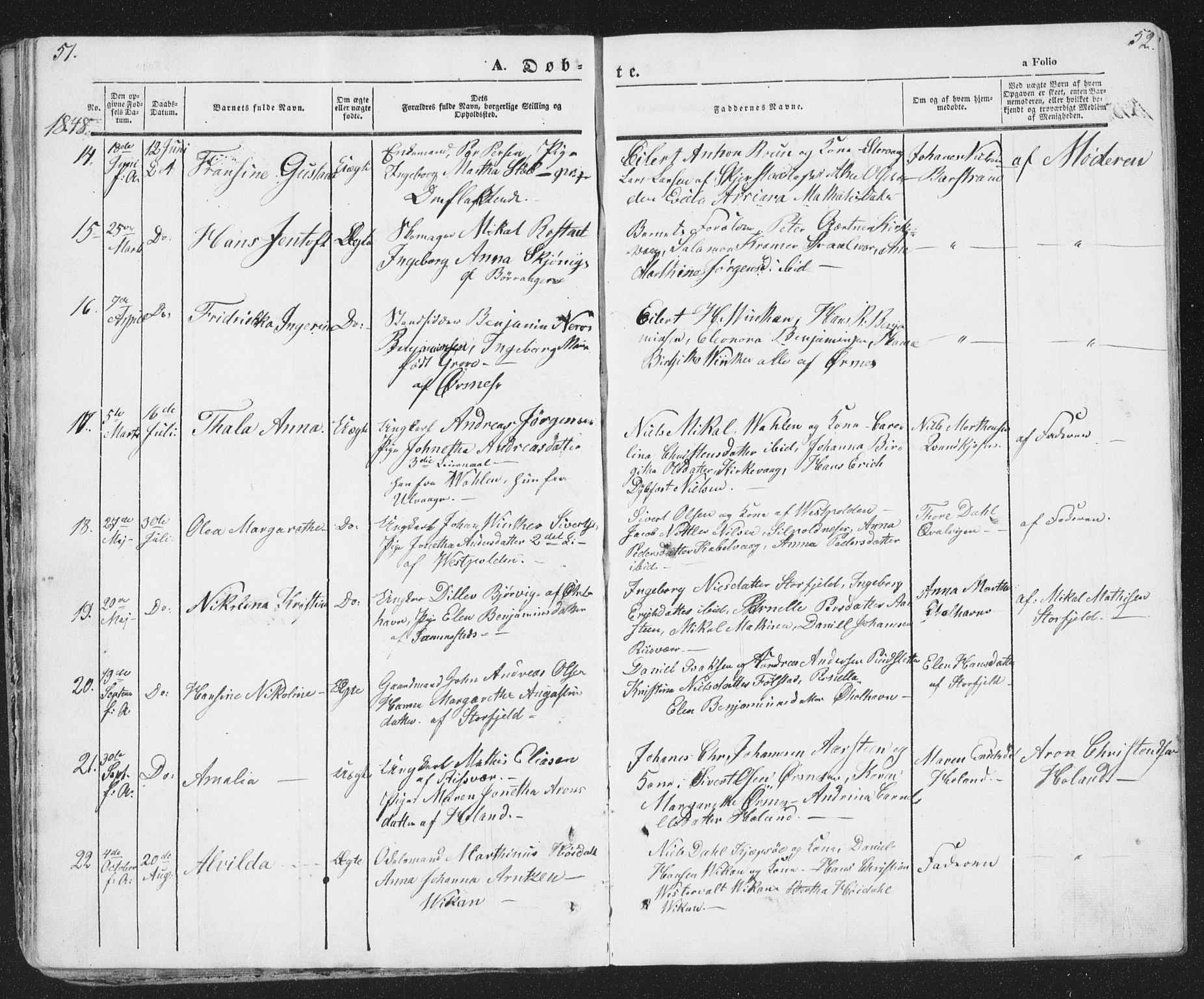 Ministerialprotokoller, klokkerbøker og fødselsregistre - Nordland, AV/SAT-A-1459/874/L1072: Parish register (copy) no. 874C01, 1843-1859, p. 51-52