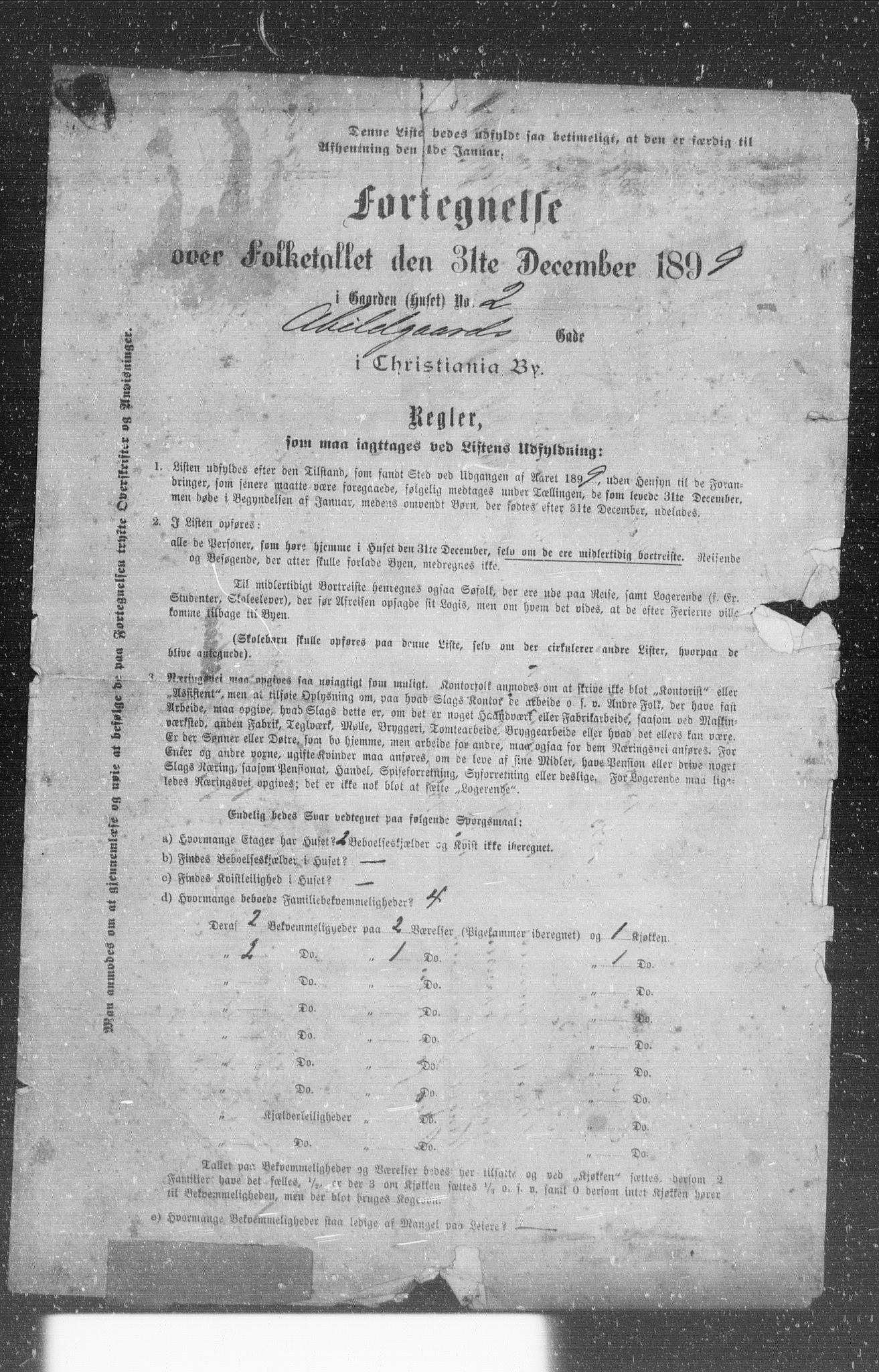 OBA, Municipal Census 1899 for Kristiania, 1899, p. 1