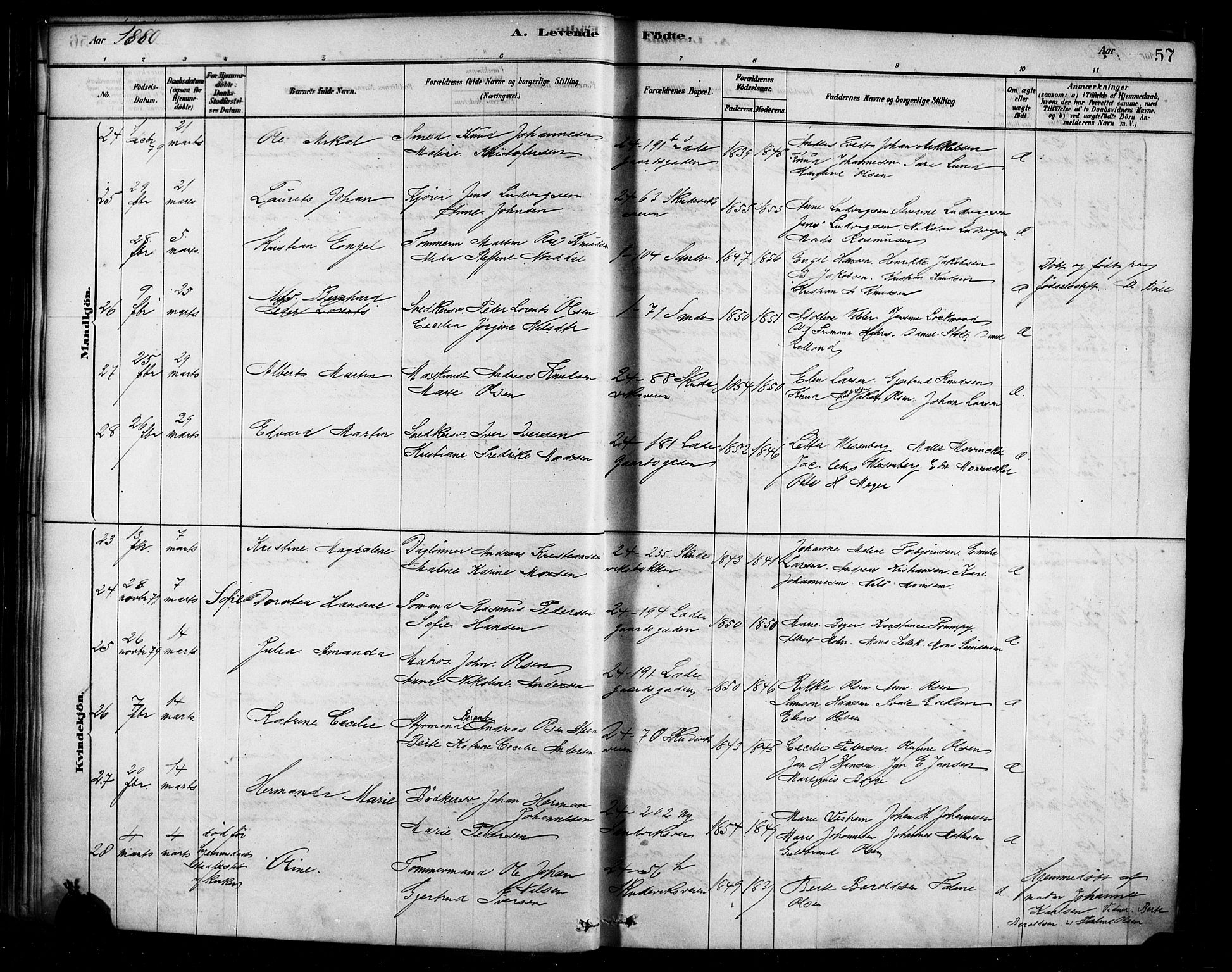 Sandviken Sokneprestembete, AV/SAB-A-77601/H/Ha/L0004: Parish register (official) no. B 1, 1878-1891, p. 57