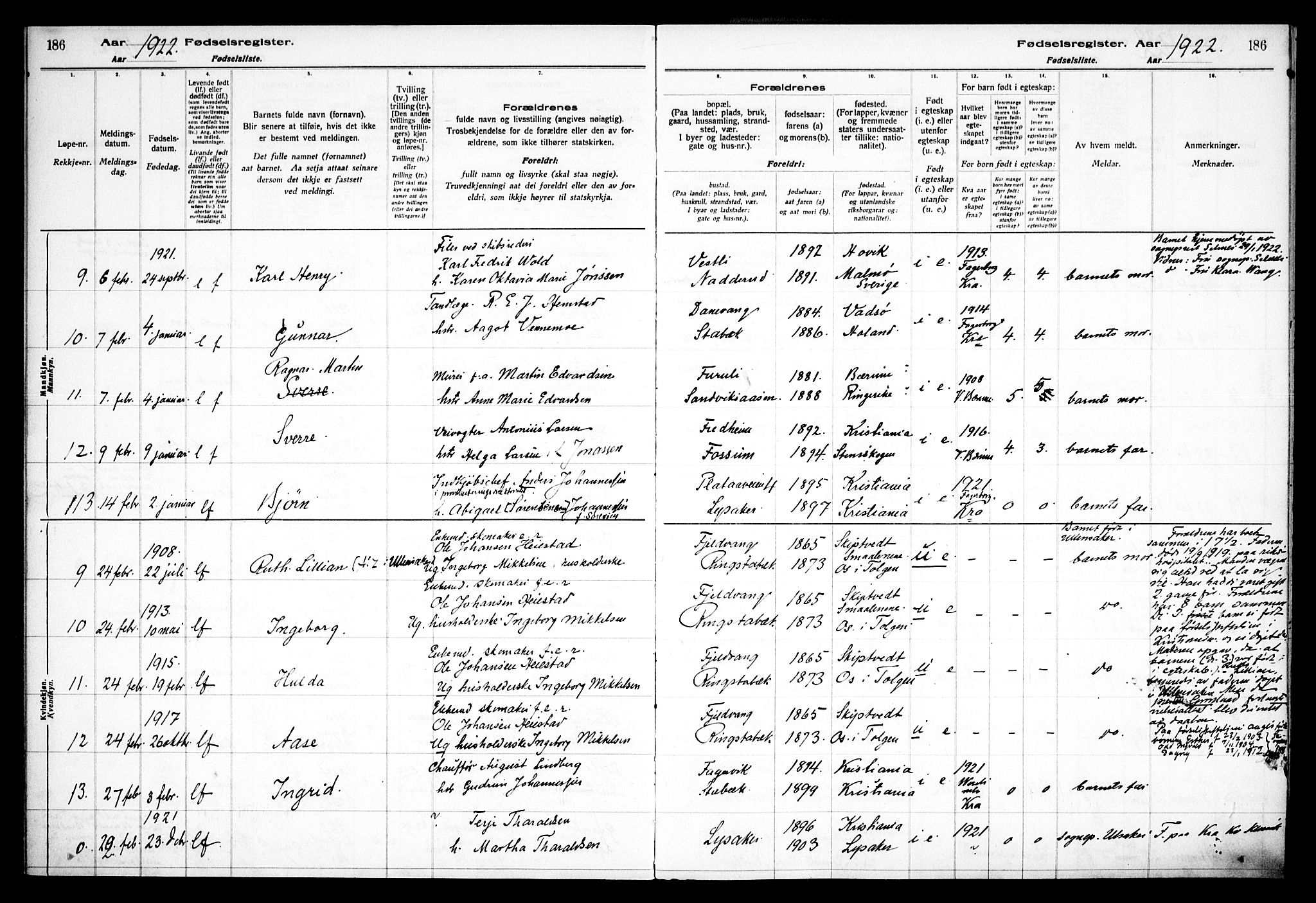 Østre Bærum prestekontor Kirkebøker, AV/SAO-A-10887/J/Ja/L0001: Birth register no. 1, 1916-1922, p. 186