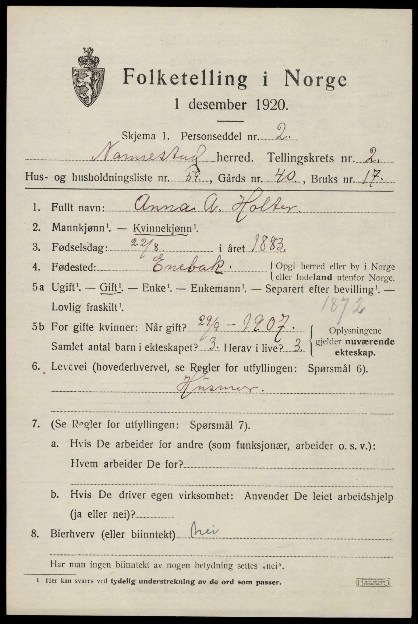 SAO, 1920 census for Nannestad, 1920, p. 3285