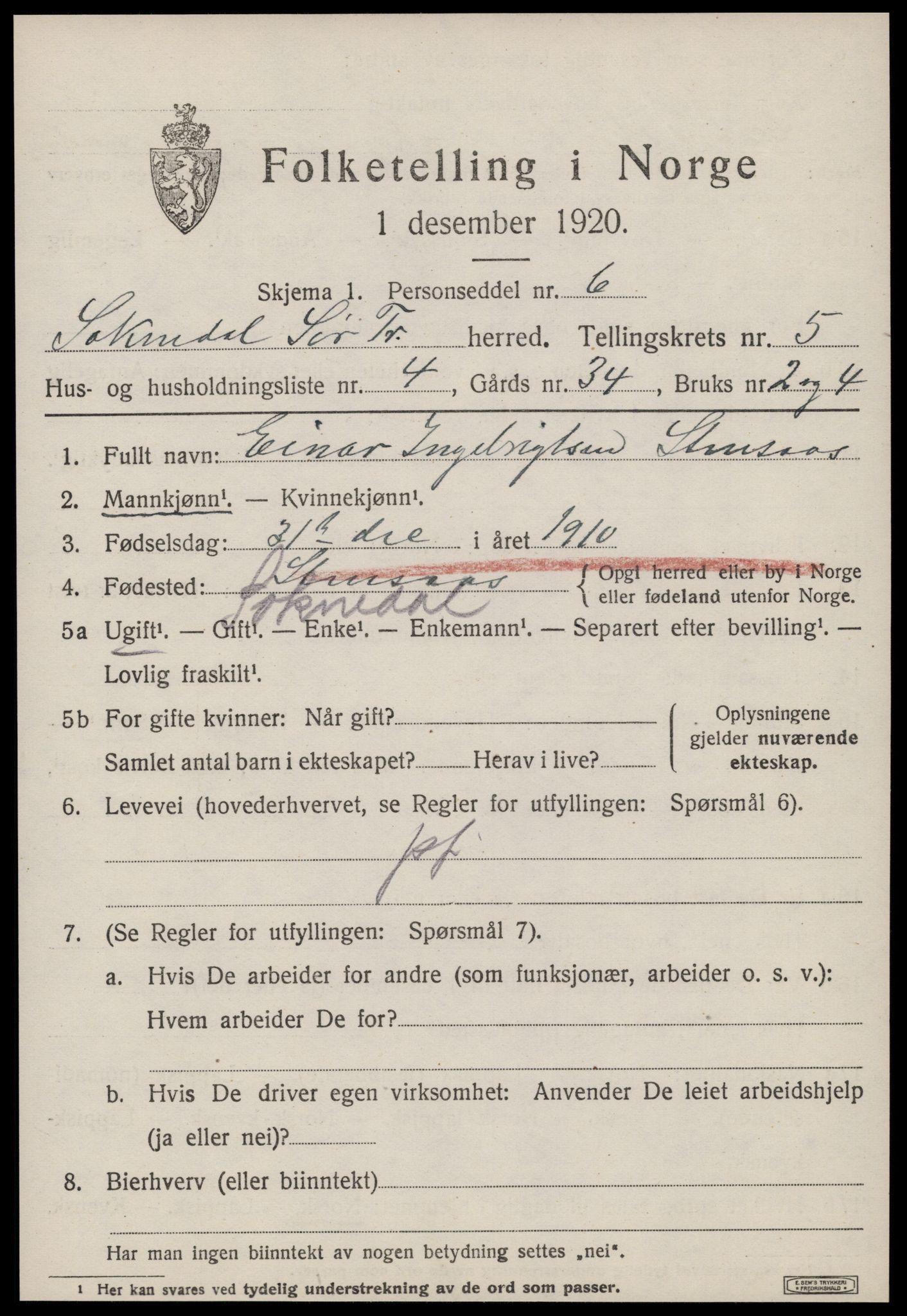 SAT, 1920 census for Soknedal, 1920, p. 2700