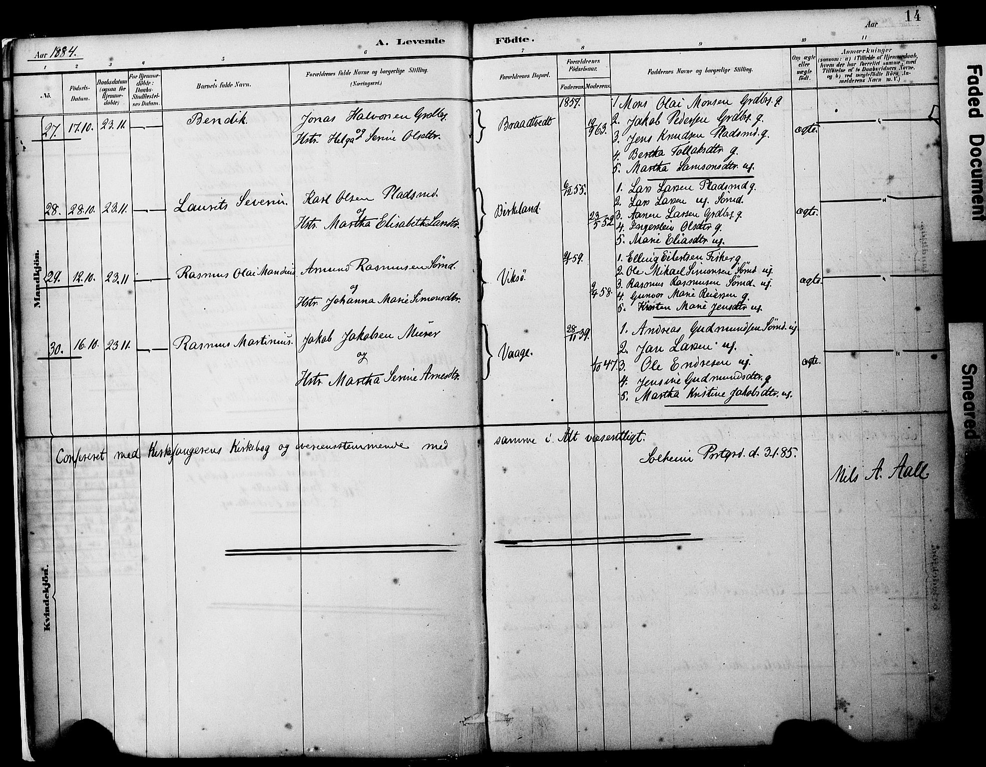 Sveio Sokneprestembete, SAB/A-78501/H/Haa: Parish register (official) no. B 2, 1883-1894, p. 14