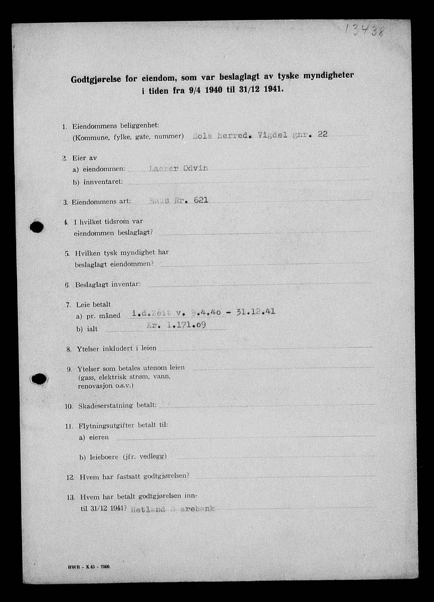 Justisdepartementet, Tilbakeføringskontoret for inndratte formuer, AV/RA-S-1564/I/L1015: Godtgjørelse for beslaglagt eiendom, 1940-1941, p. 5