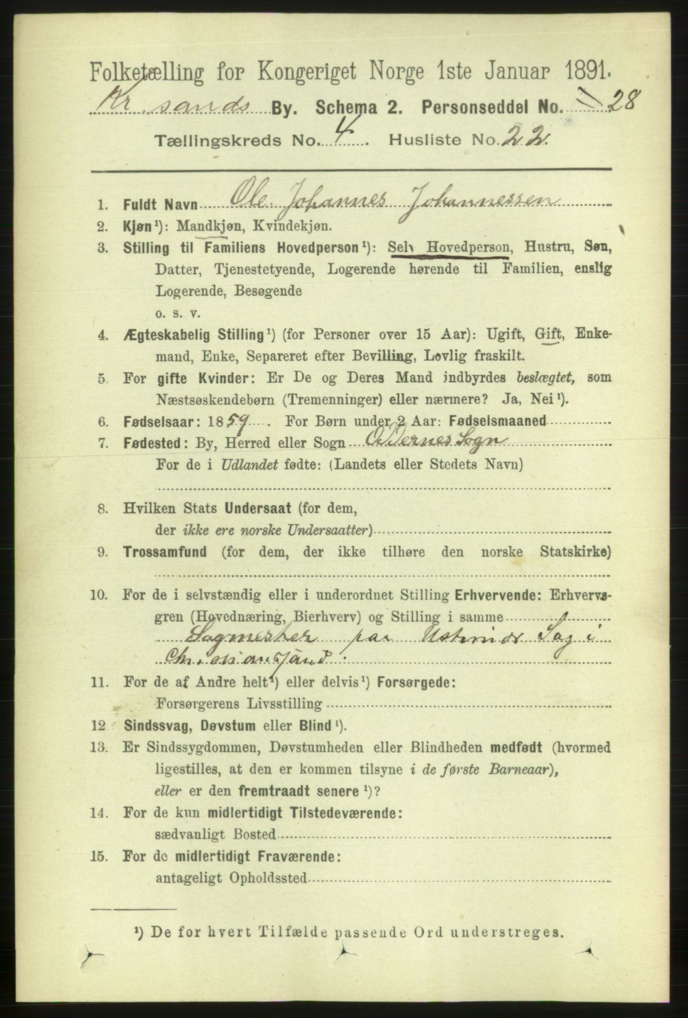 RA, 1891 census for 1001 Kristiansand, 1891, p. 3726