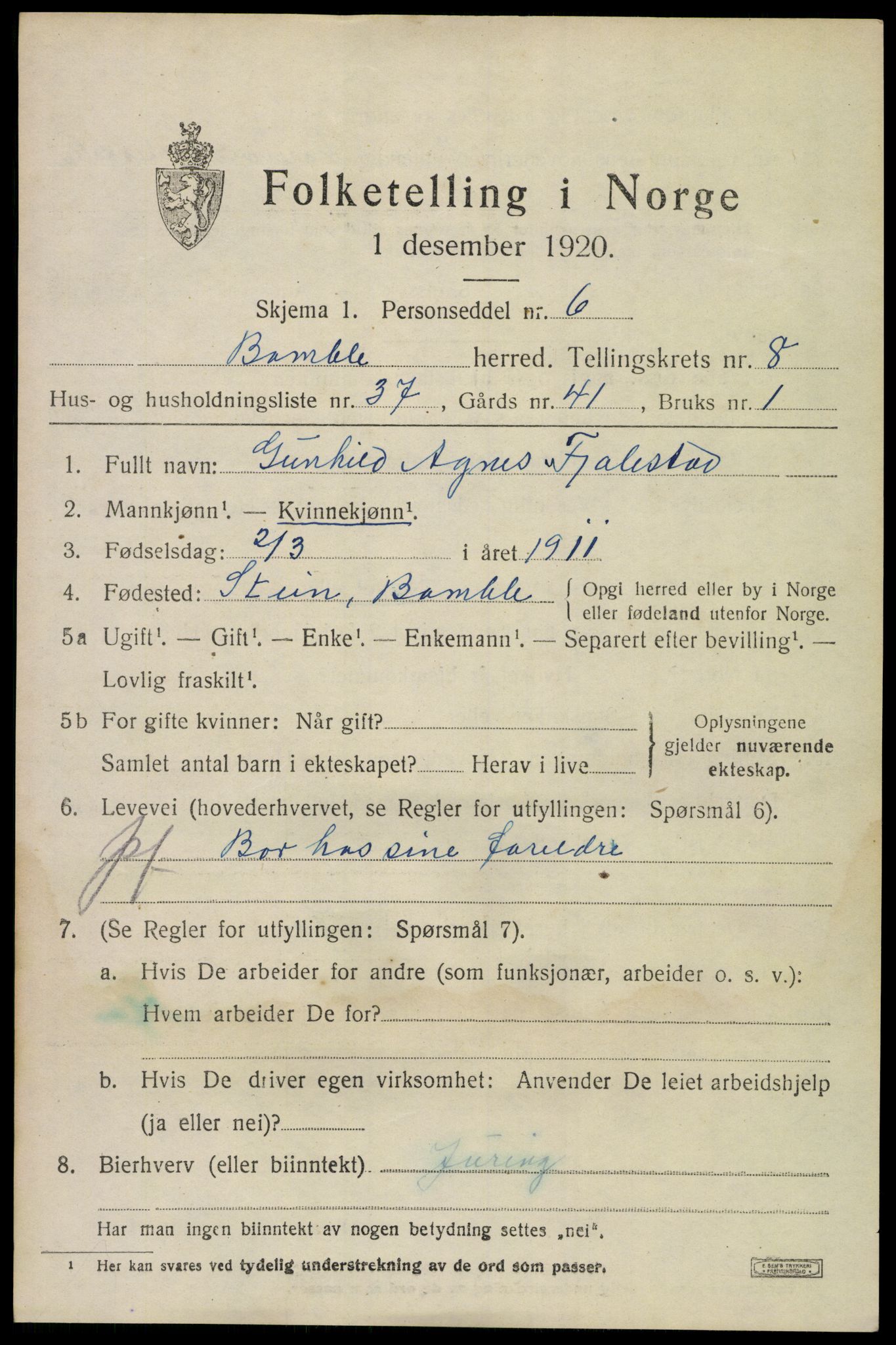 SAKO, 1920 census for Bamble, 1920, p. 7795