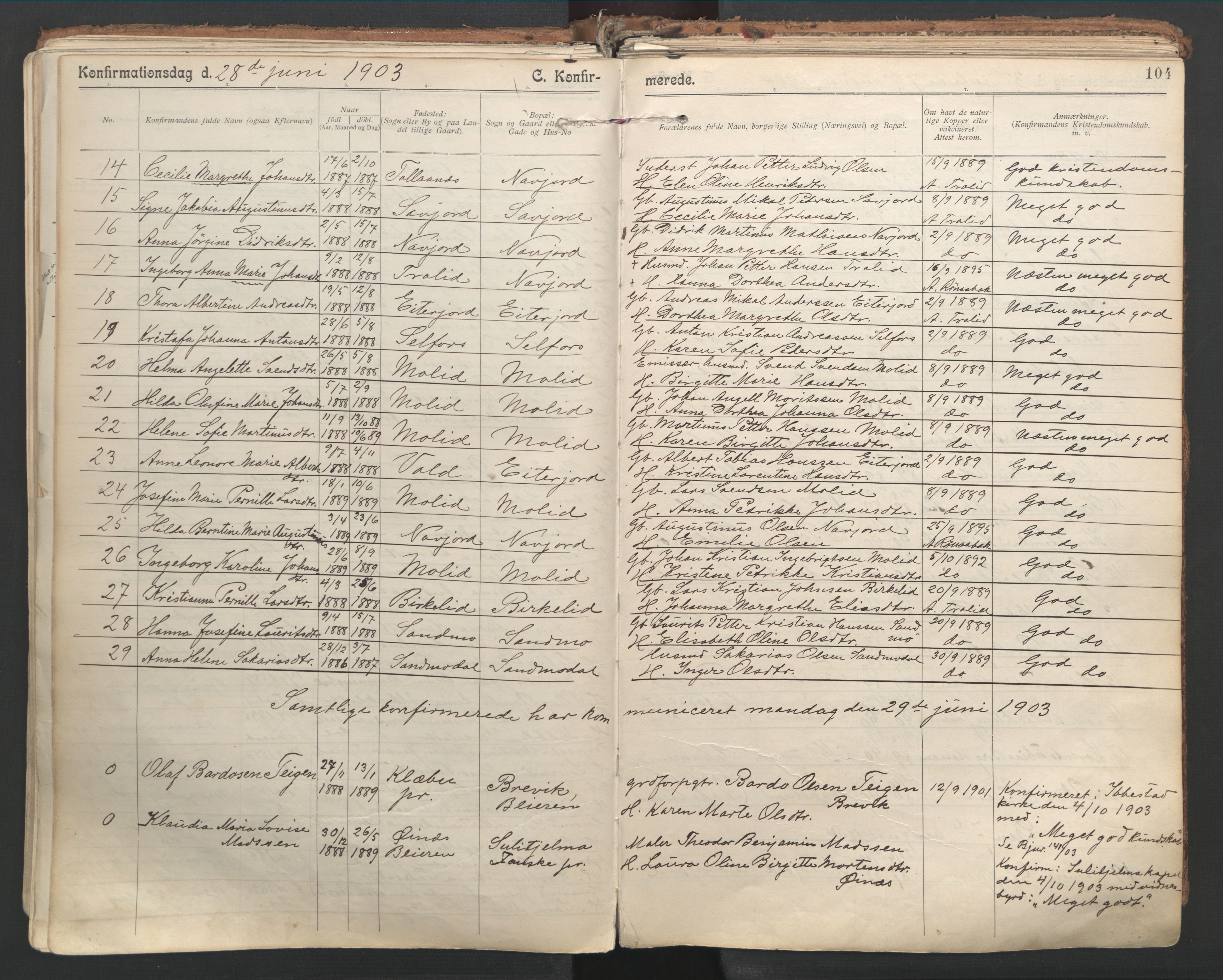 Ministerialprotokoller, klokkerbøker og fødselsregistre - Nordland, SAT/A-1459/846/L0647: Parish register (official) no. 846A05, 1902-1915, p. 104