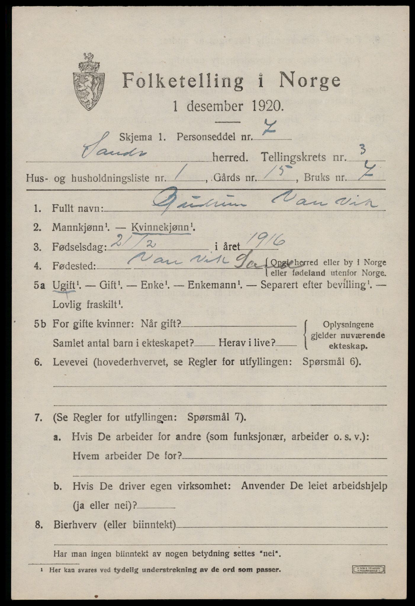 SAST, 1920 census for Sand, 1920, p. 1067