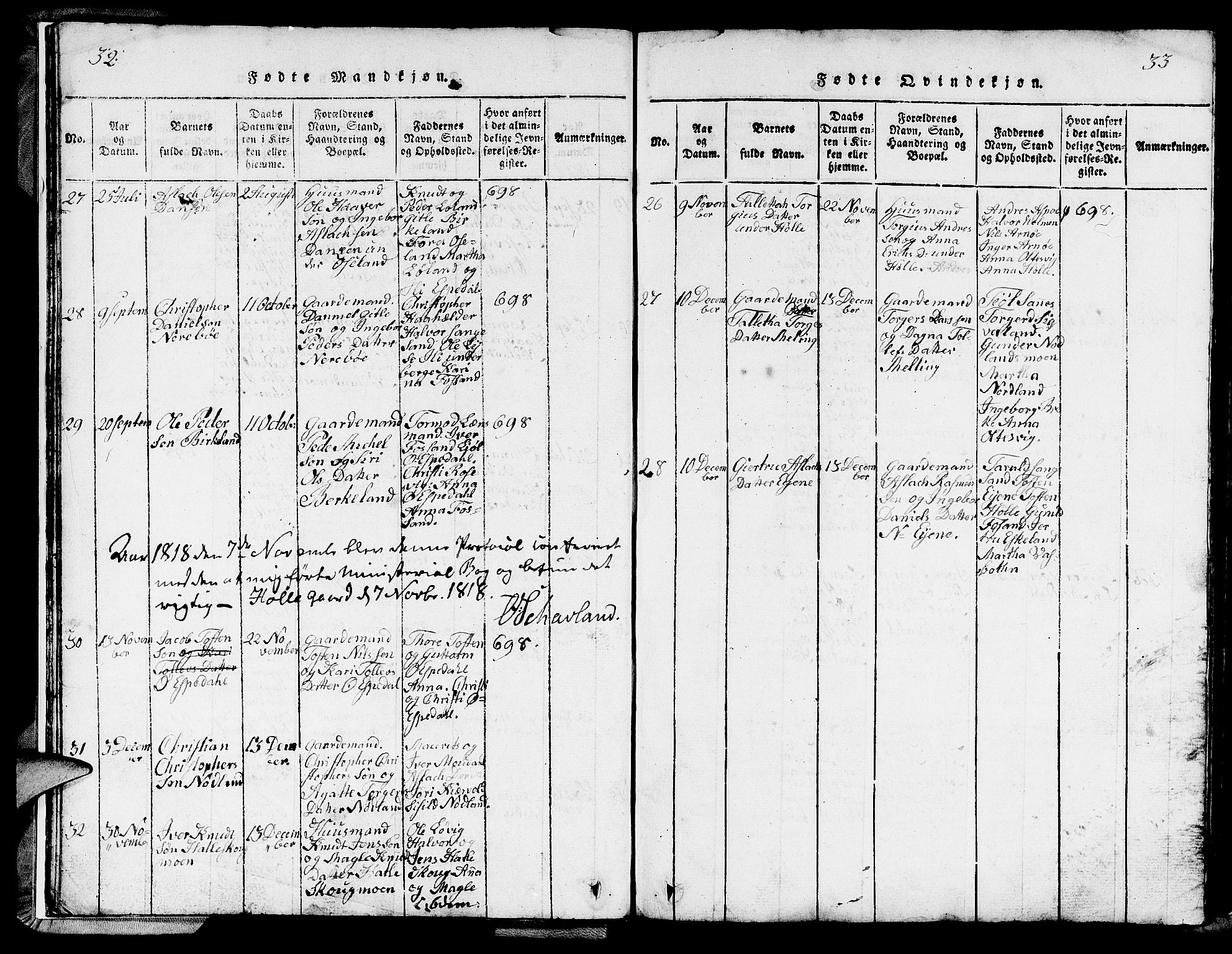 Strand sokneprestkontor, AV/SAST-A-101828/H/Ha/Hab/L0002: Parish register (copy) no. B 2, 1816-1854, p. 32-33