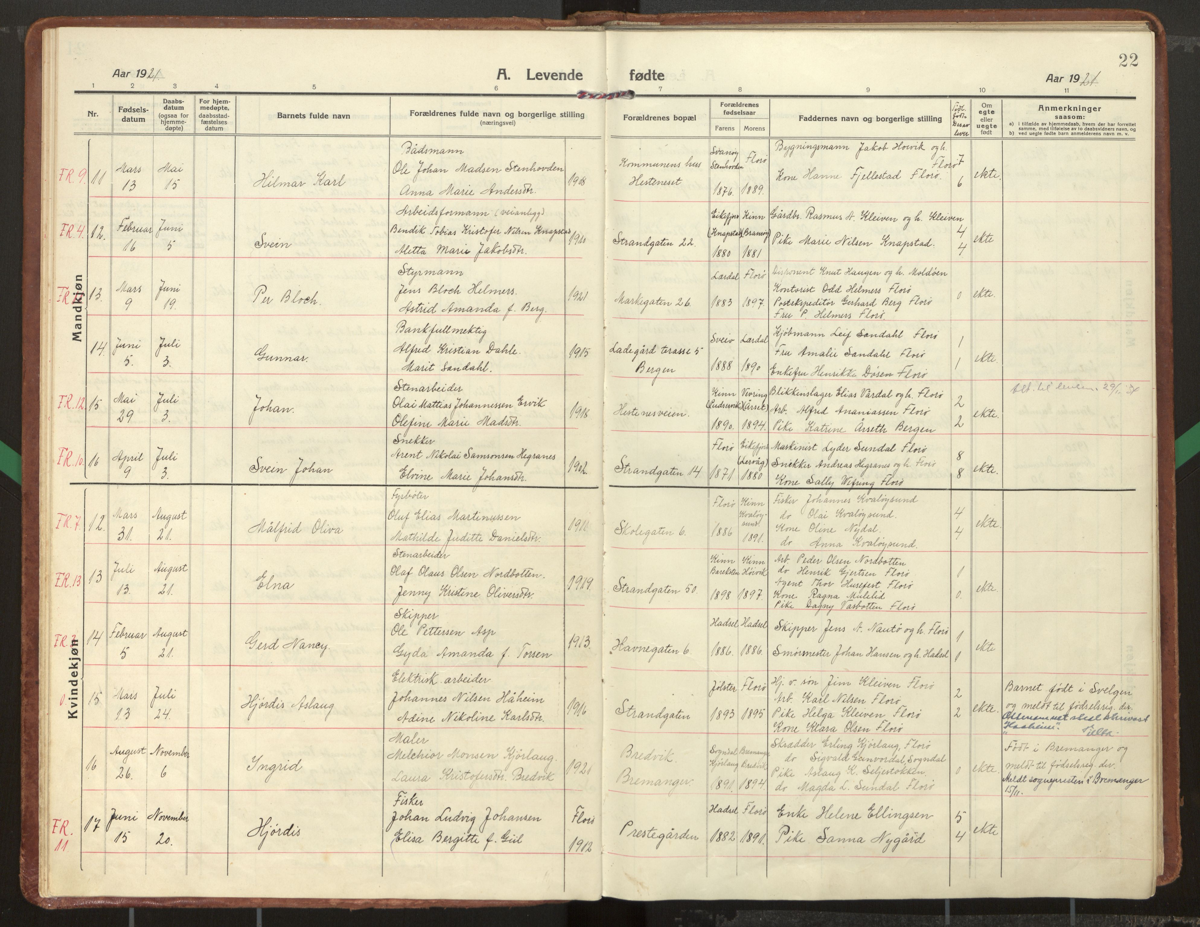 Kinn sokneprestembete, SAB/A-80801/H/Haa/Haac/L0003: Parish register (official) no. C 3, 1917-1934, p. 22
