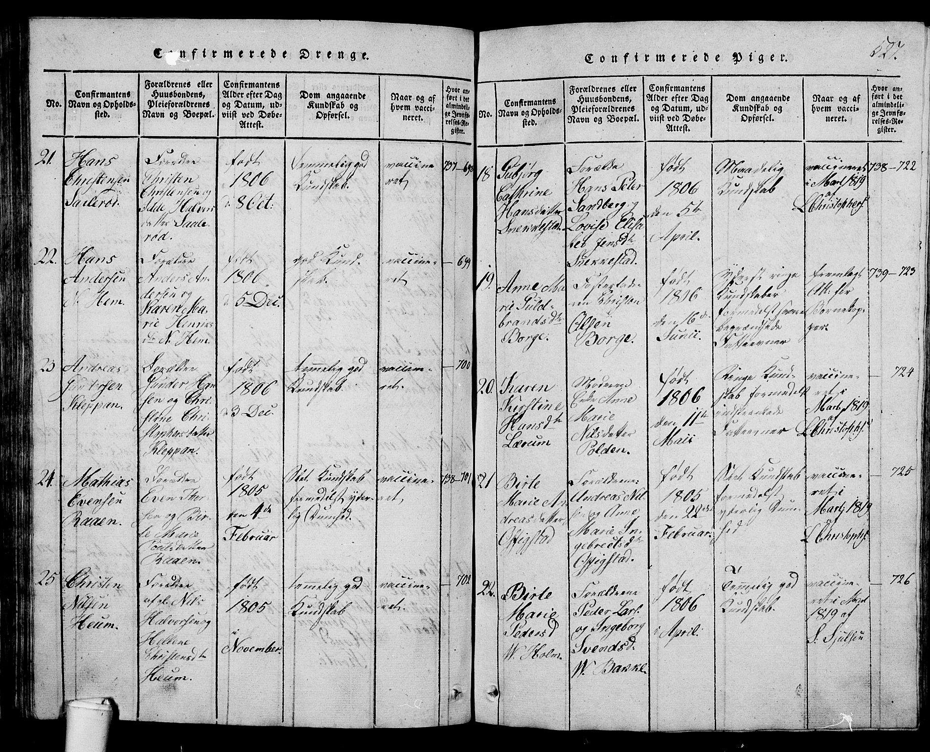 Våle kirkebøker, AV/SAKO-A-334/G/Ga/L0001: Parish register (copy) no. I 1, 1814-1824, p. 526-527